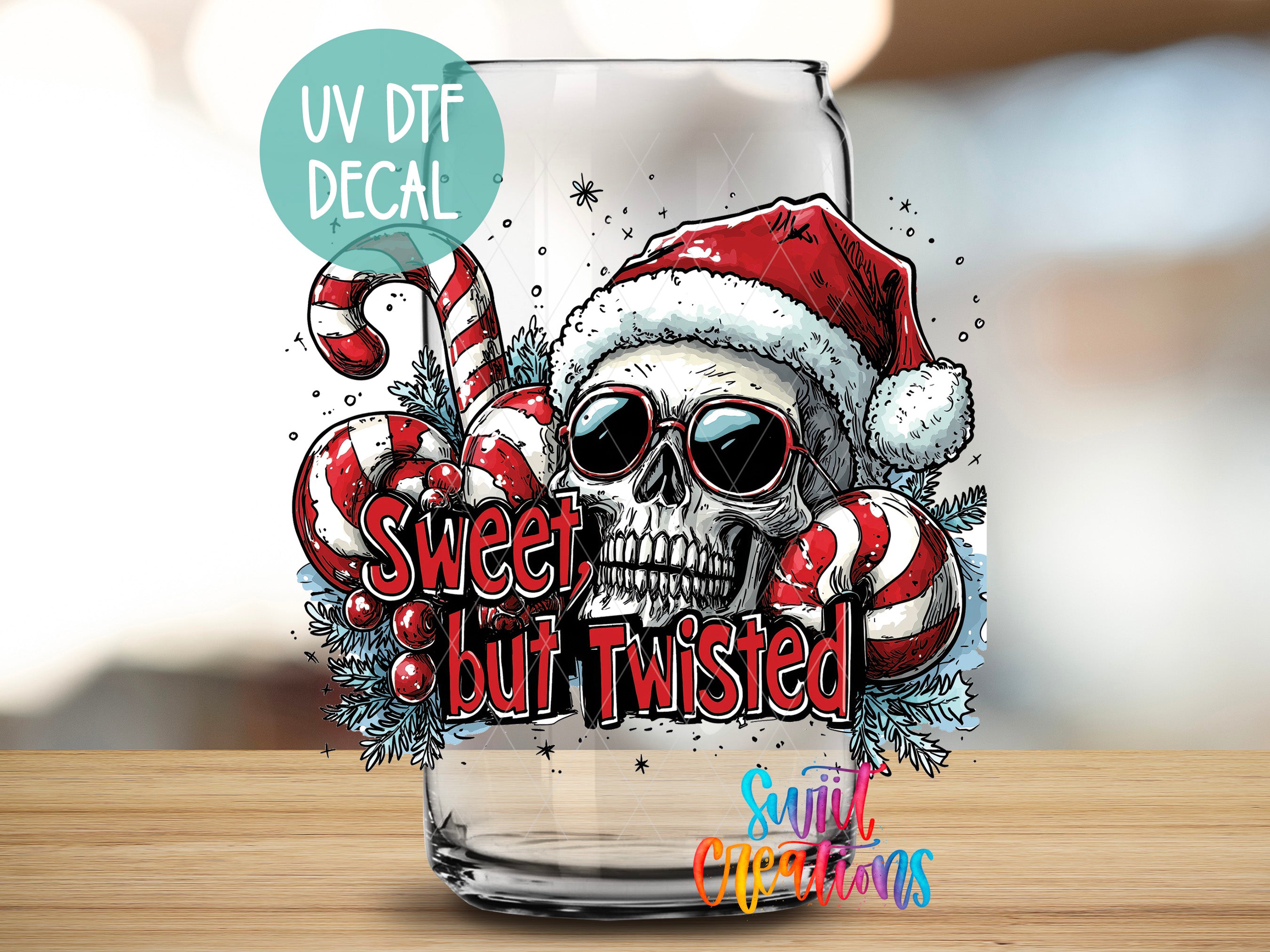 a glass with a skull wearing a santa hat