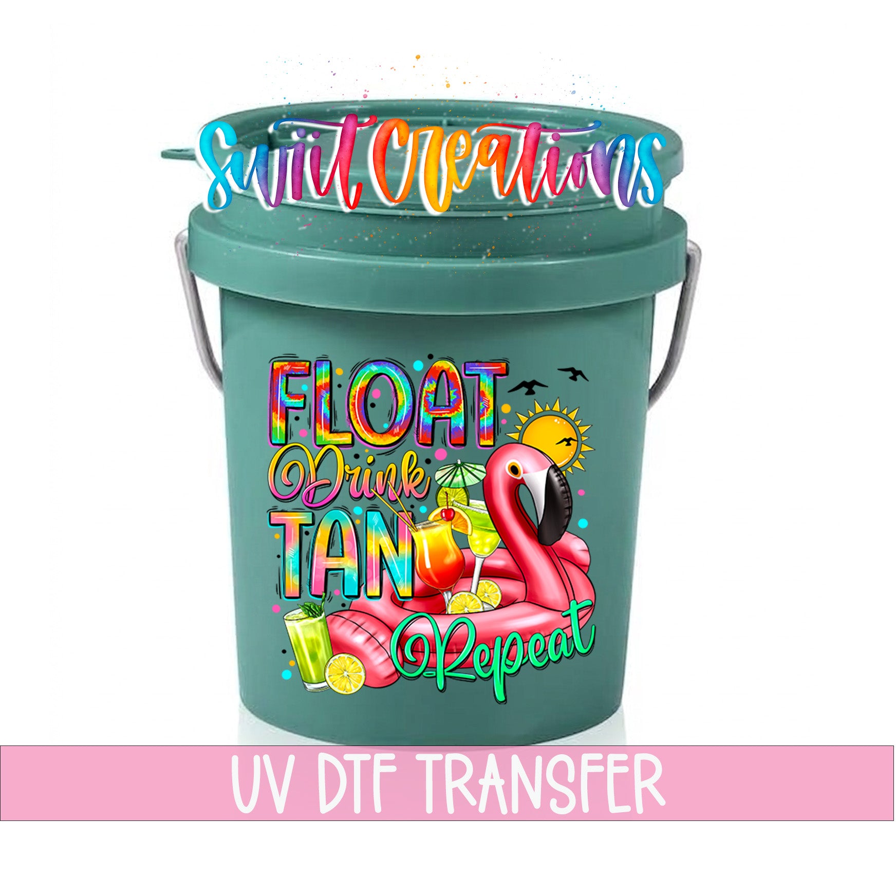 A green bucket with a colorful design featuring a flamingo, a sun, and various tropical elements. The bucket has a lid with the text "FLOAT DRINK TAN Repeat" written on it.