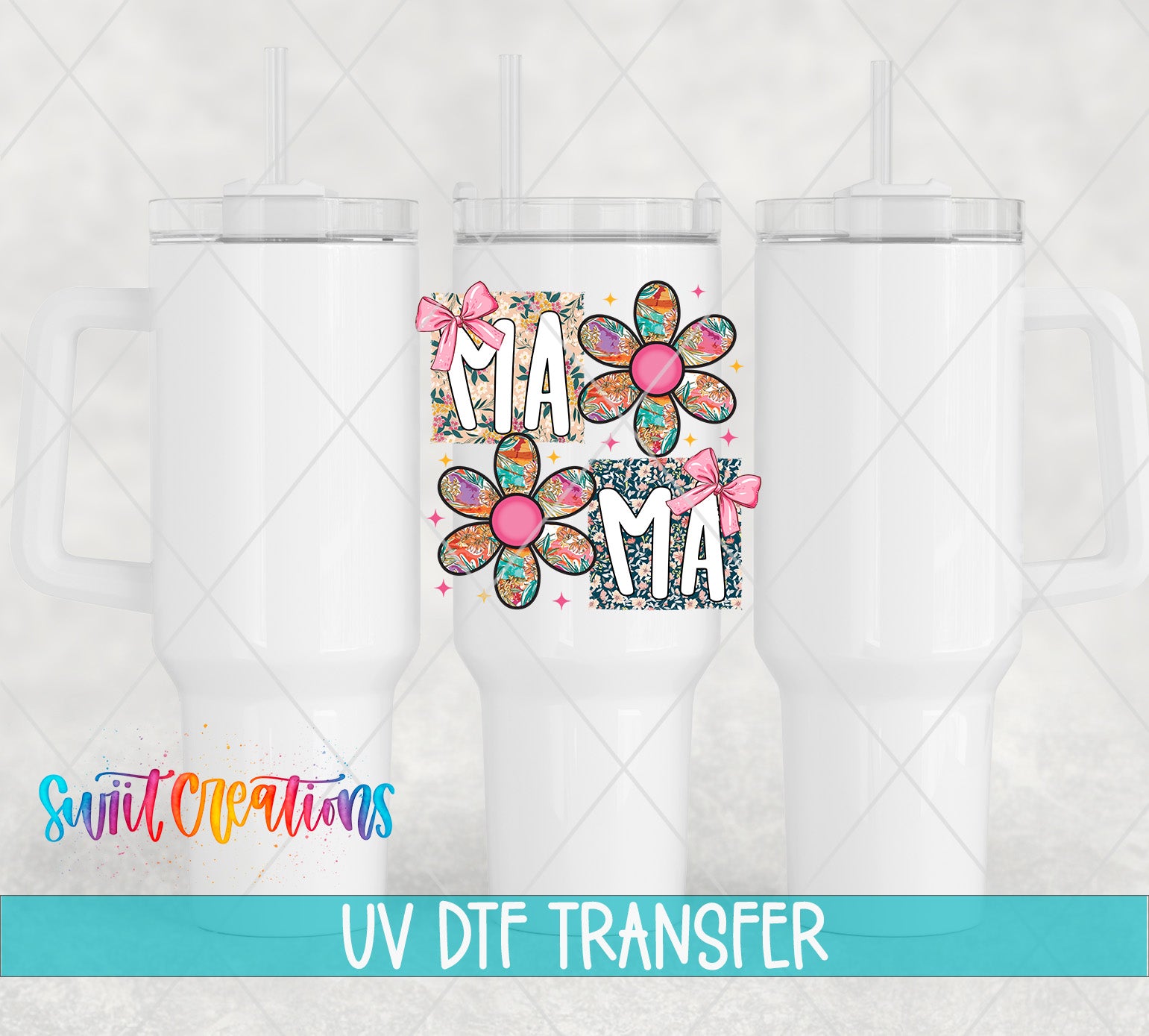 three white tumblers with a colorful floral design and the text "Mama" printed on them.