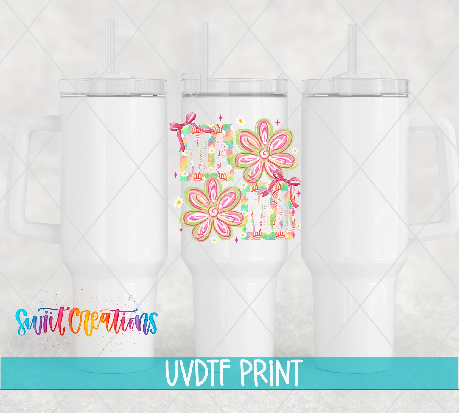 three white tumblers with colorful floral designs printed on them.
