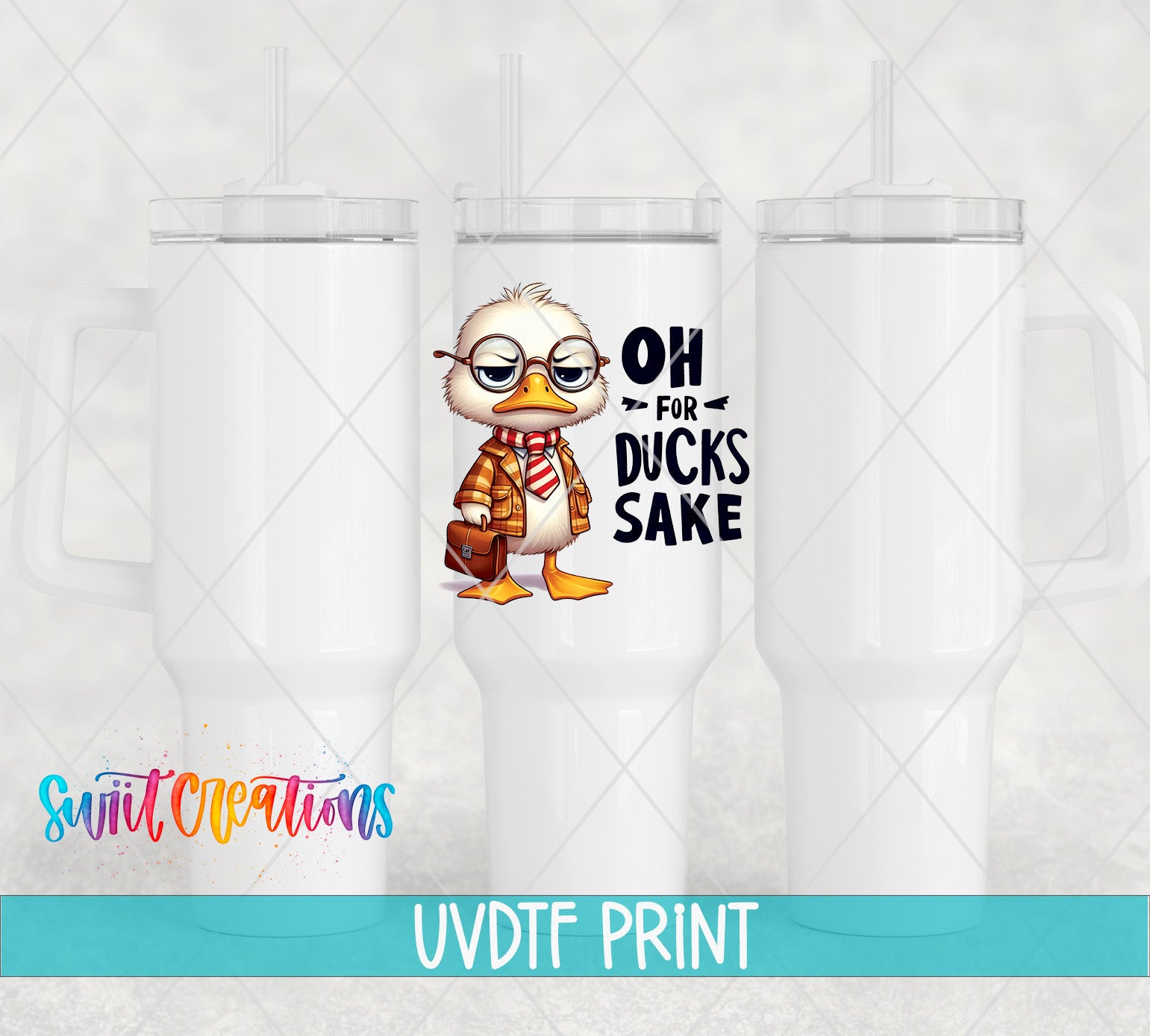 a cartoon duck wearing glasses and a scarf, with the text "OH FOR DUCKS SAKE" printed on it.