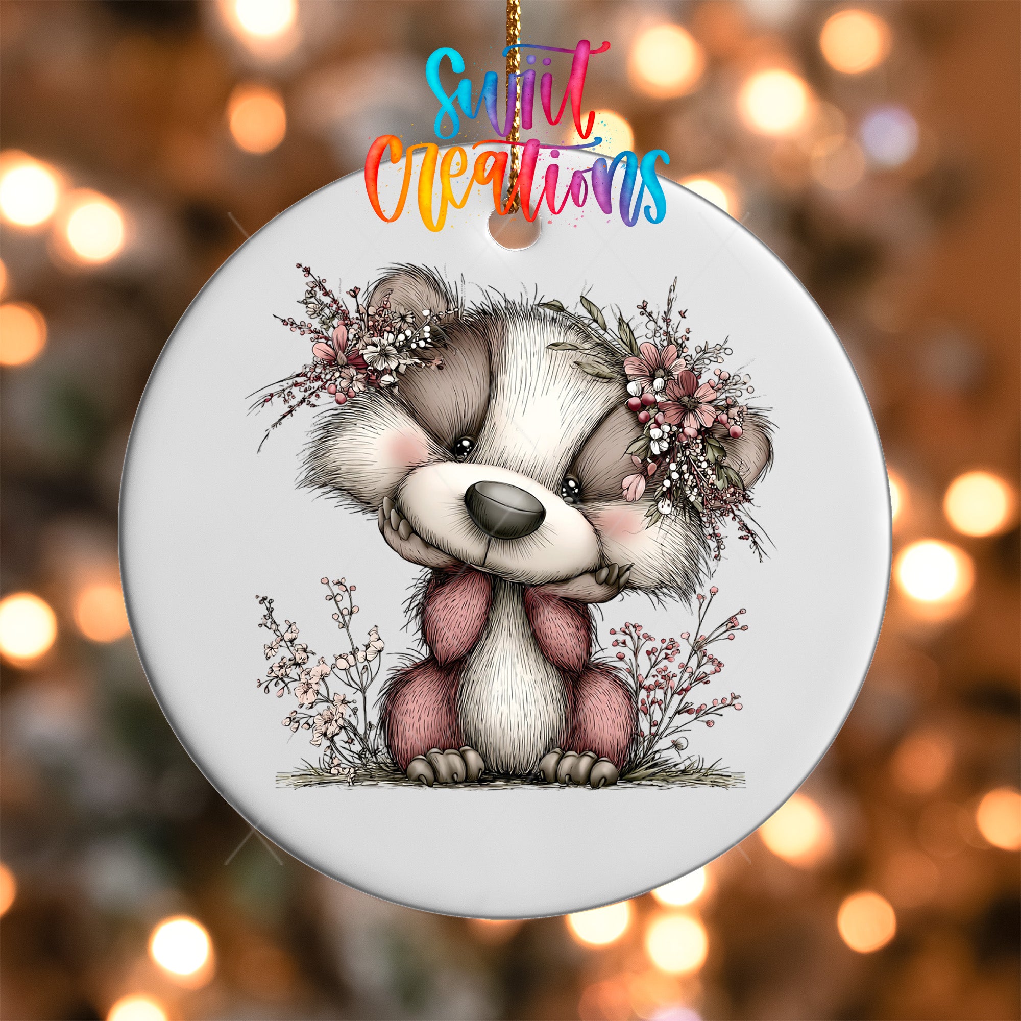 A ceramic ornament featuring a cute cartoon badger with flowers on its head, set against a blurred background with twinkling lights.