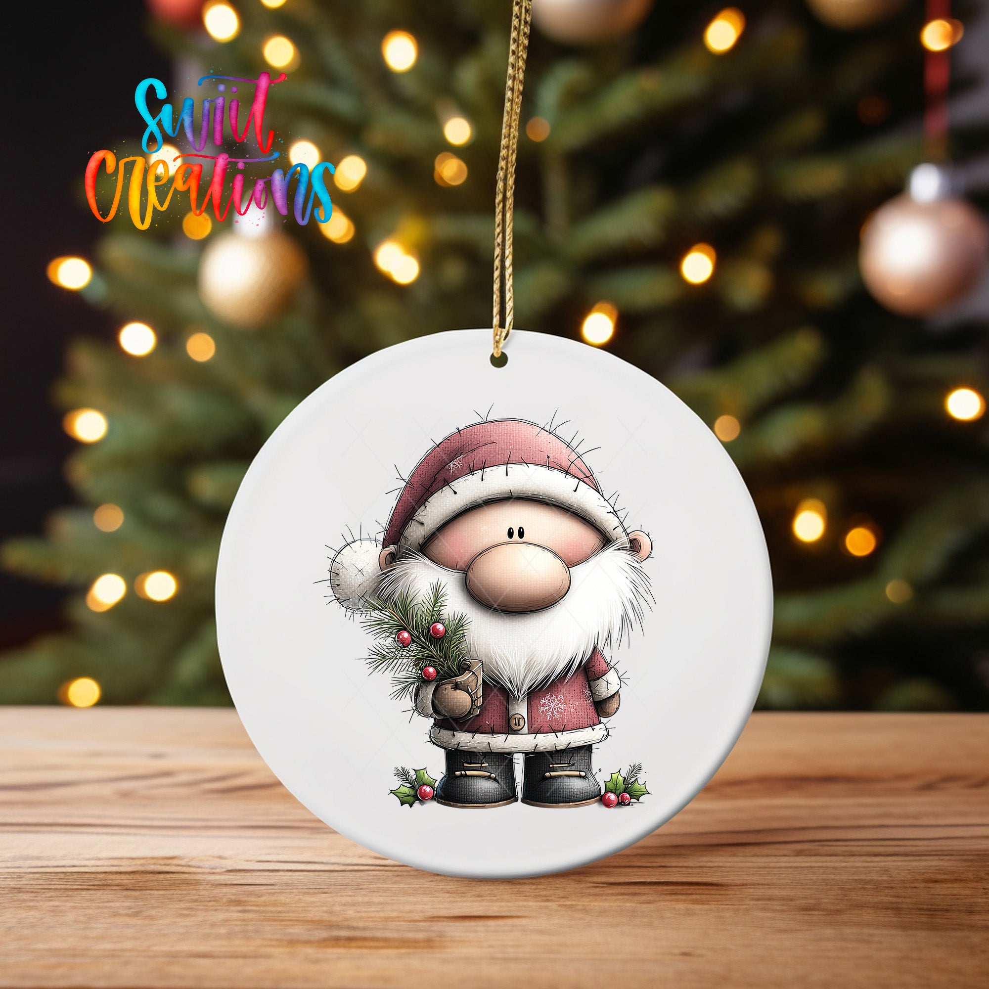 A white ornament featuring a cartoon Santa Claus figure holding berries and a pine branch, hanging on a string against a blurred background of Christmas lights.