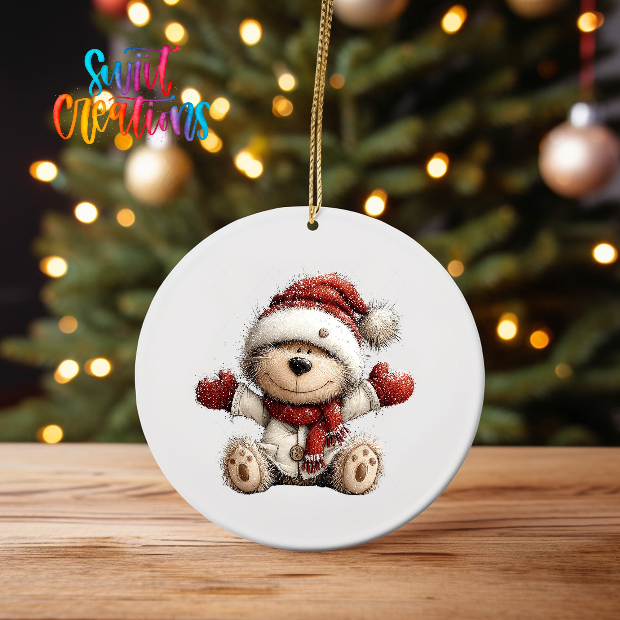 A white ceramic ornament featuring a teddy bear wearing a Santa hat and scarf, sitting on a wooden surface with a blurred background of a Christmas tree and twinkling lights.