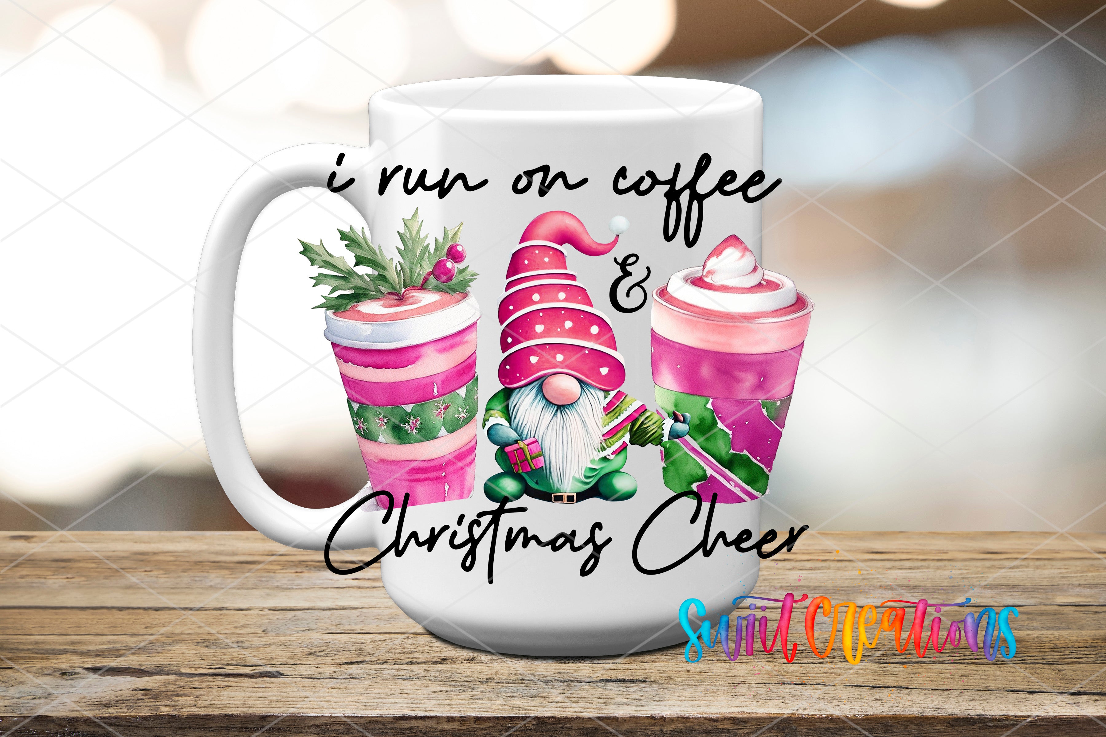 A white mug with a Christmas-themed design featuring a gnome and two colorful drinks.