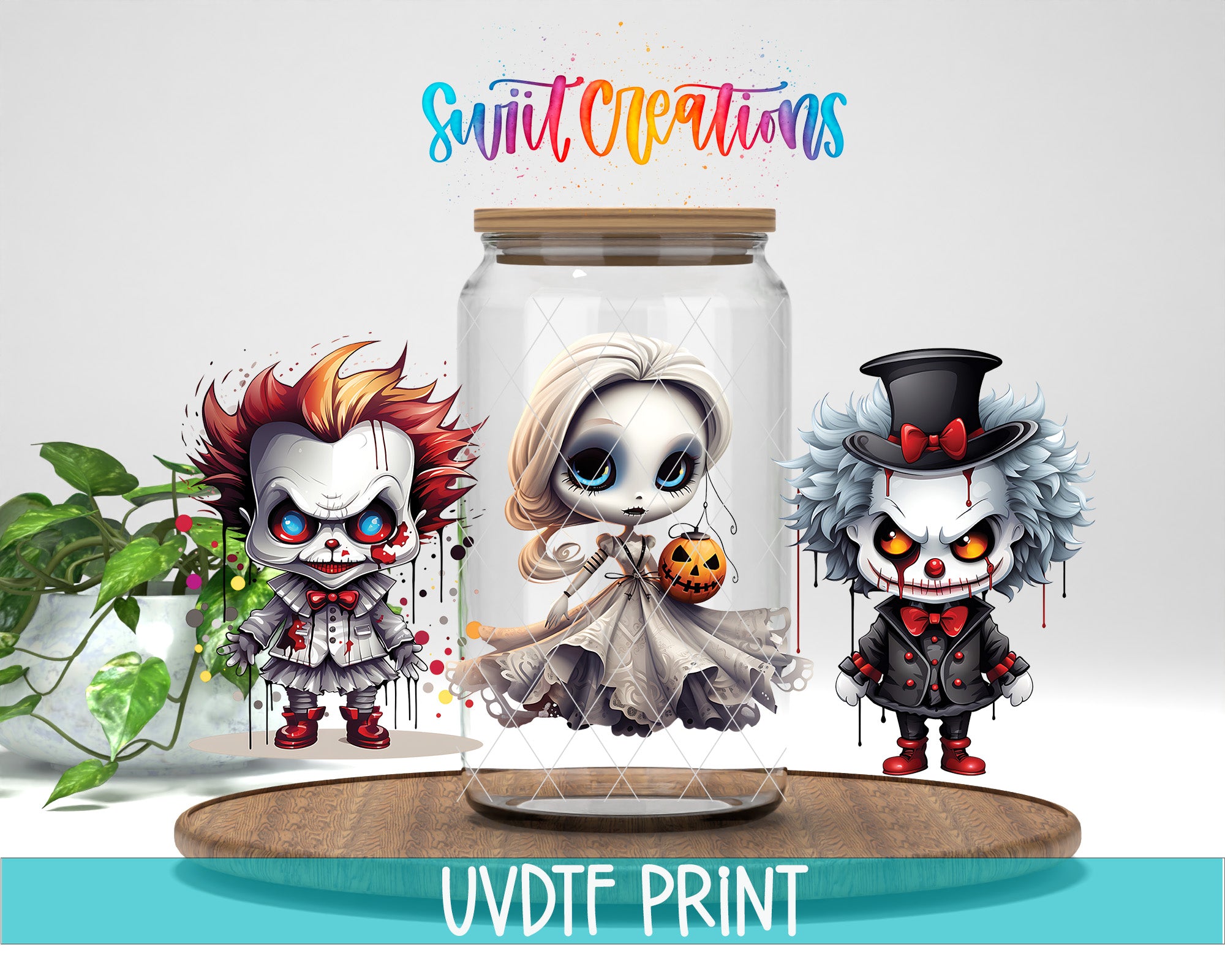 three illustrated characters, including a skeleton, a ghost, and a clown, displayed in a glass jar.