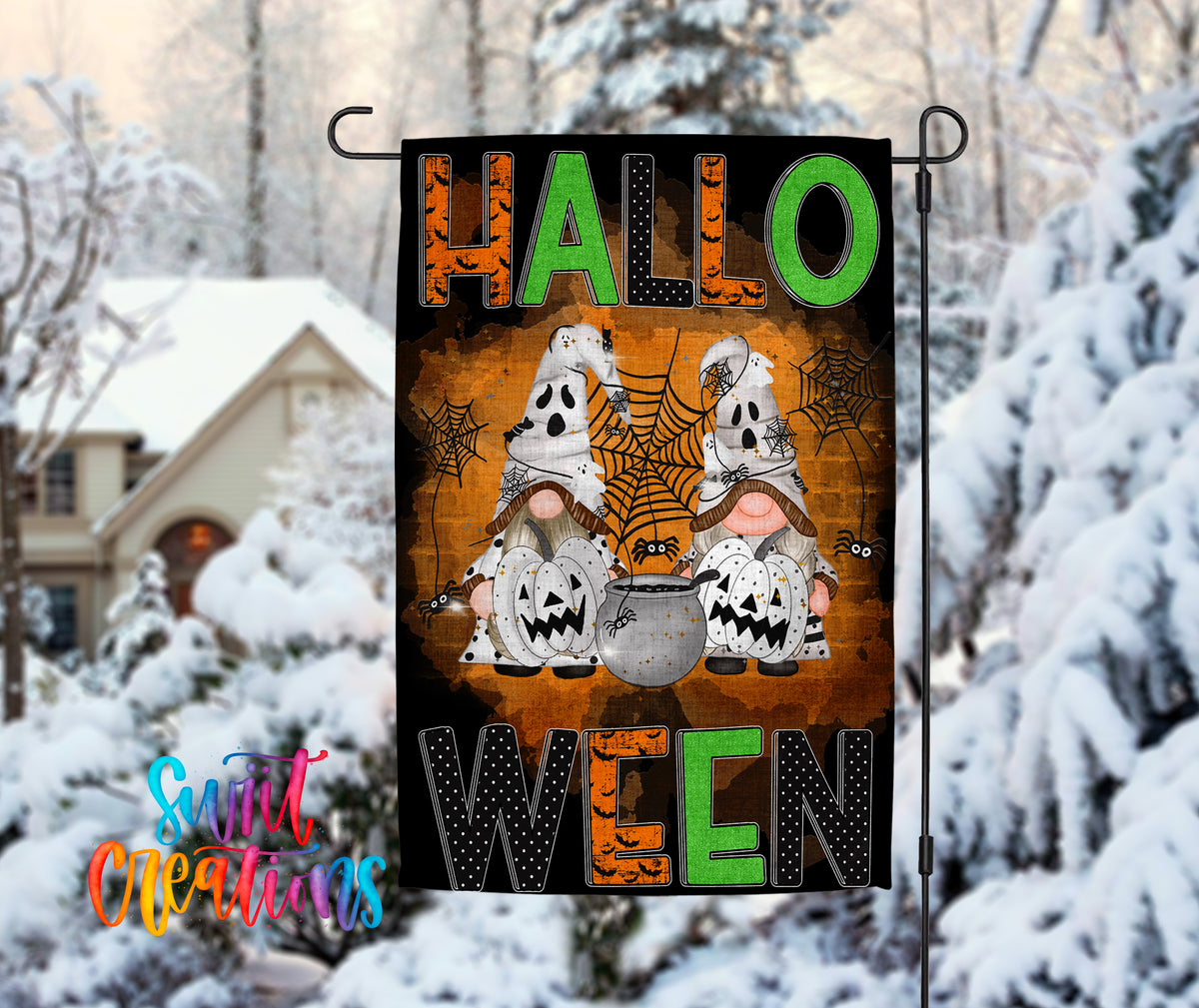 A Halloween-themed garden flag with the text "HALLO WEN" displayed prominently. The flag features illustrations of two gnomes and a spider, along with the text "HALLO WEN" in a stylized font.