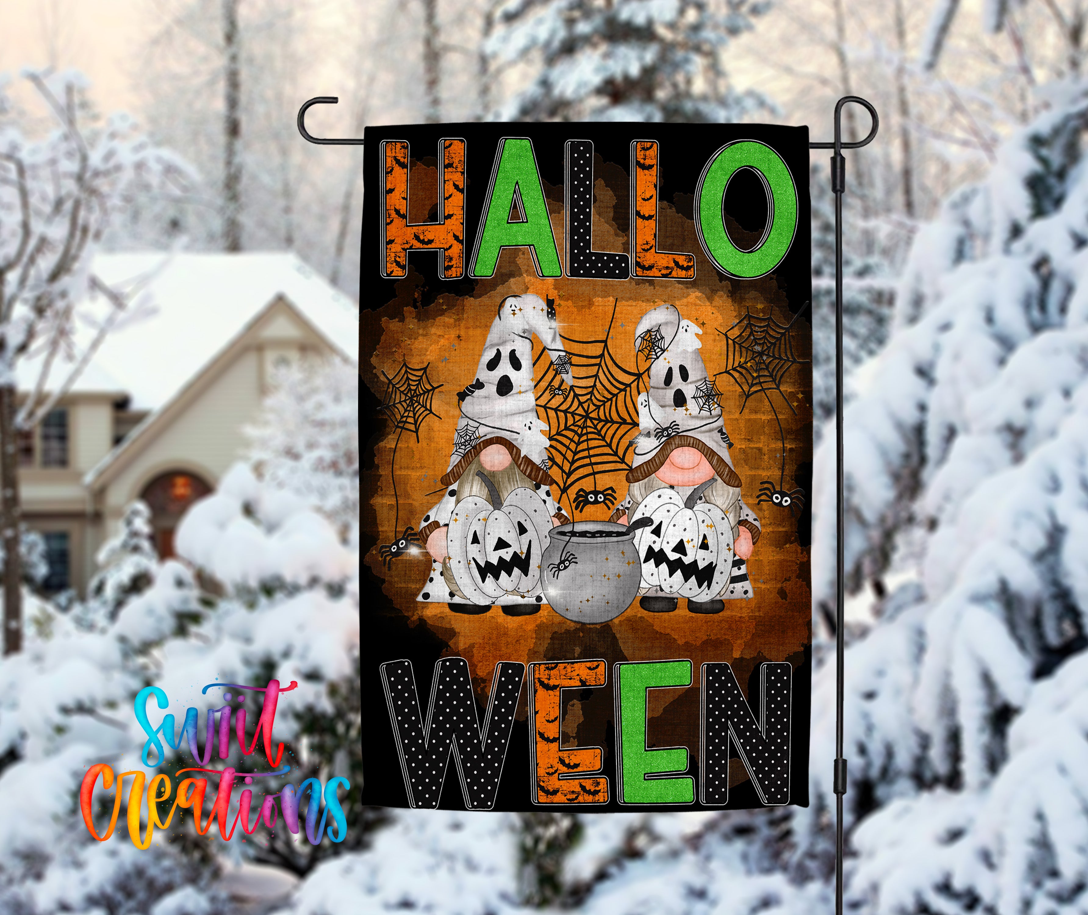 A Halloween-themed garden flag with the text "HALLO WEN" displayed prominently. The flag features illustrations of two gnomes and a spider, along with the text "HALLO WEN" in a stylized font.