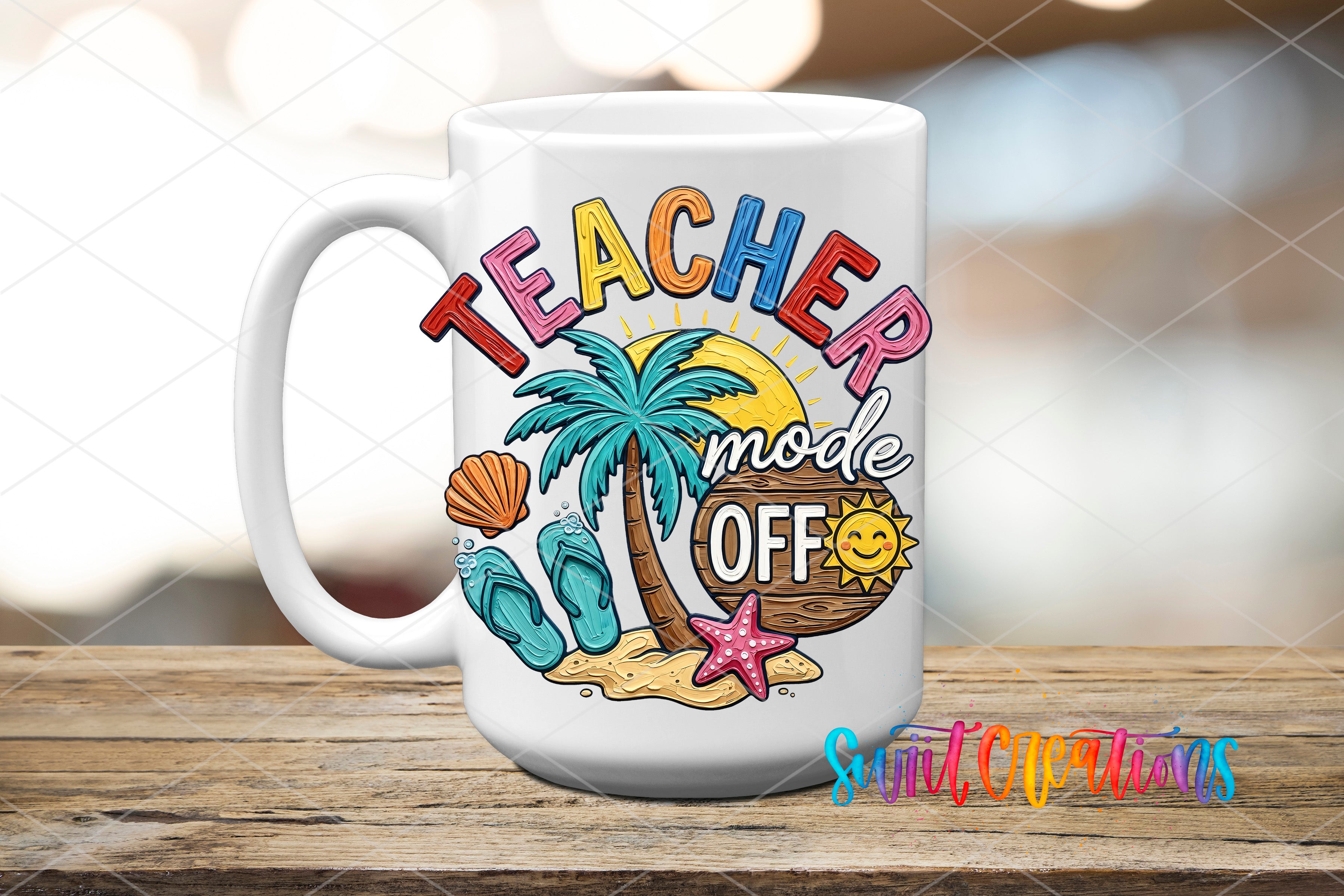 A white ceramic mug with a colorful design featuring a palm tree, seashells, starfish, and a smiling sun. The text "TEACHER mode OFF" is written around the mug, and there is a website address "Suit Creations" at the bottom.