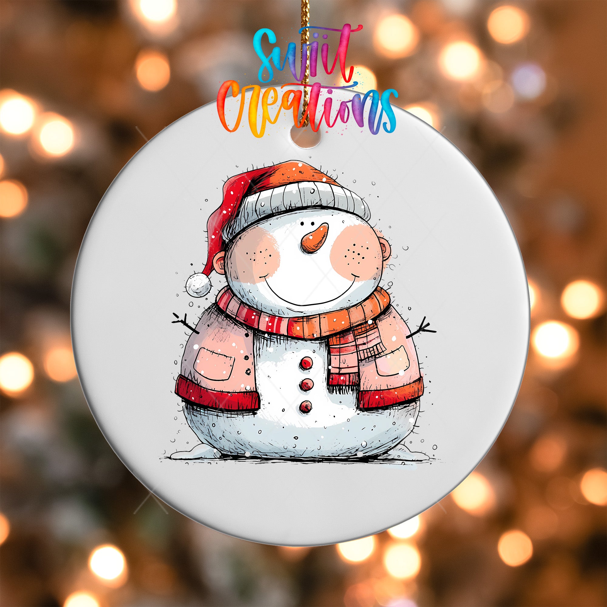 A white ornament featuring a cheerful snowman with a red scarf and hat, set against a blurred background of twinkling lights.