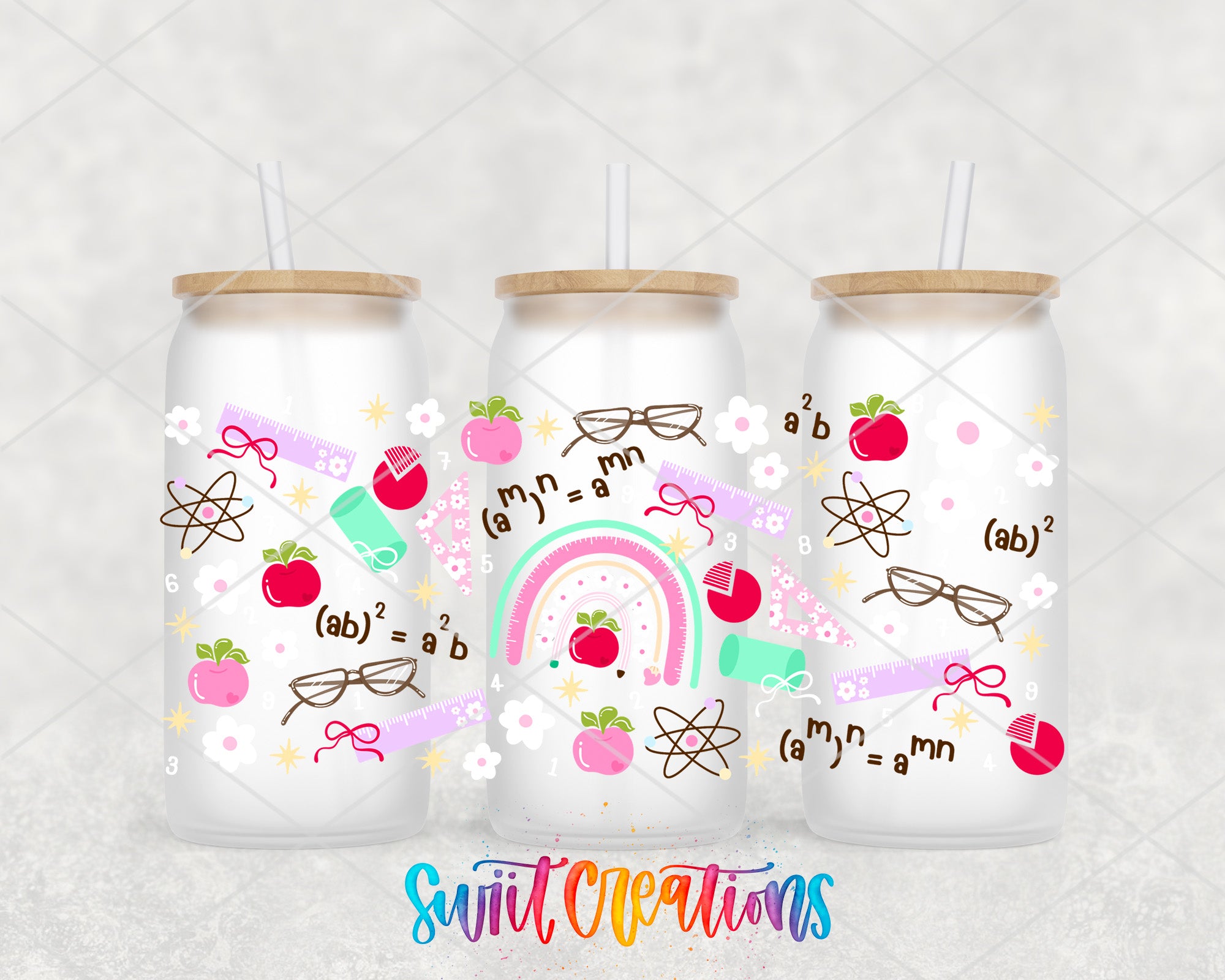 three white tumblers with colorful designs and illustrations related to science and math, including apples, glasses, and equations.