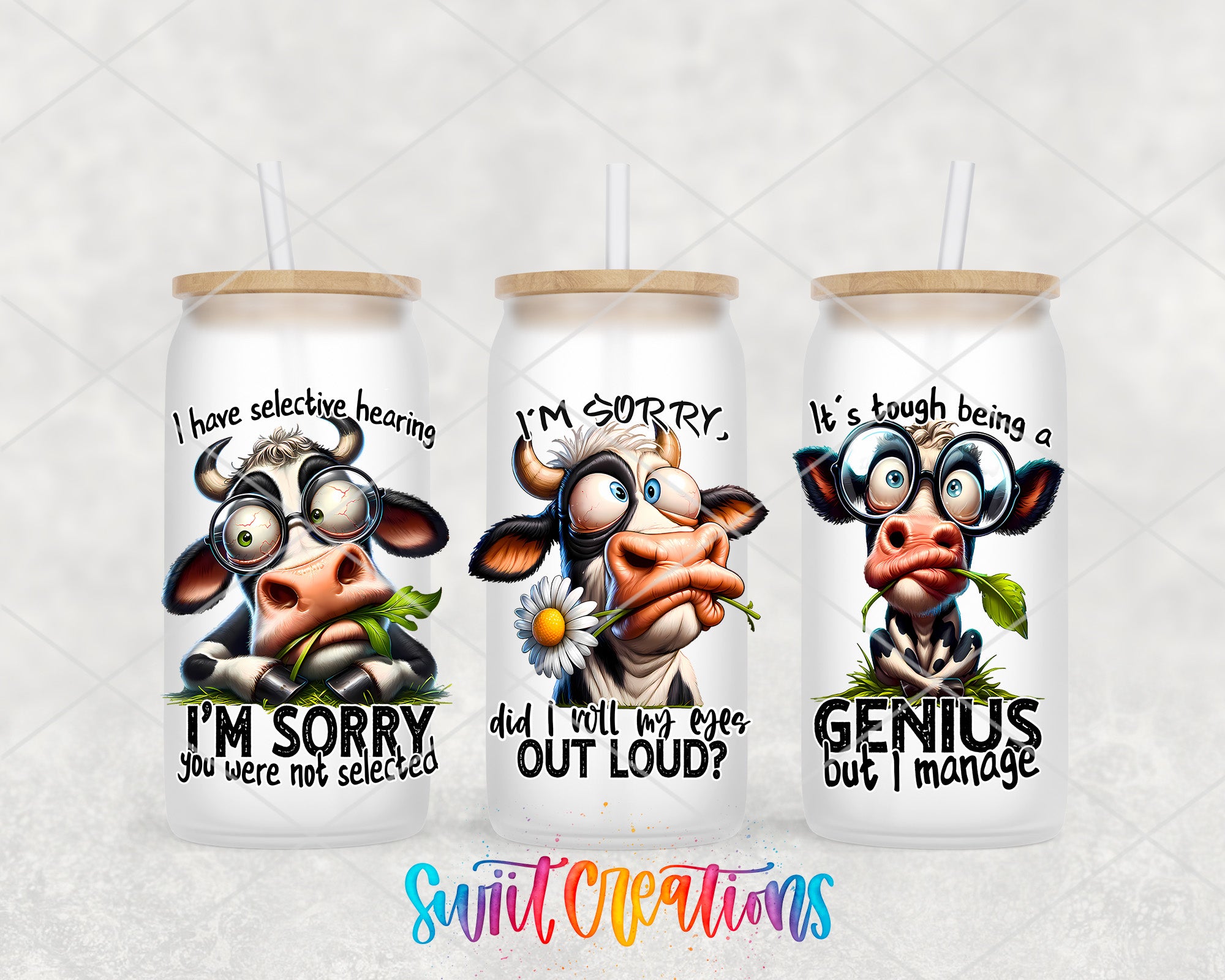 three cartoon cow cups with humorous text and designs.