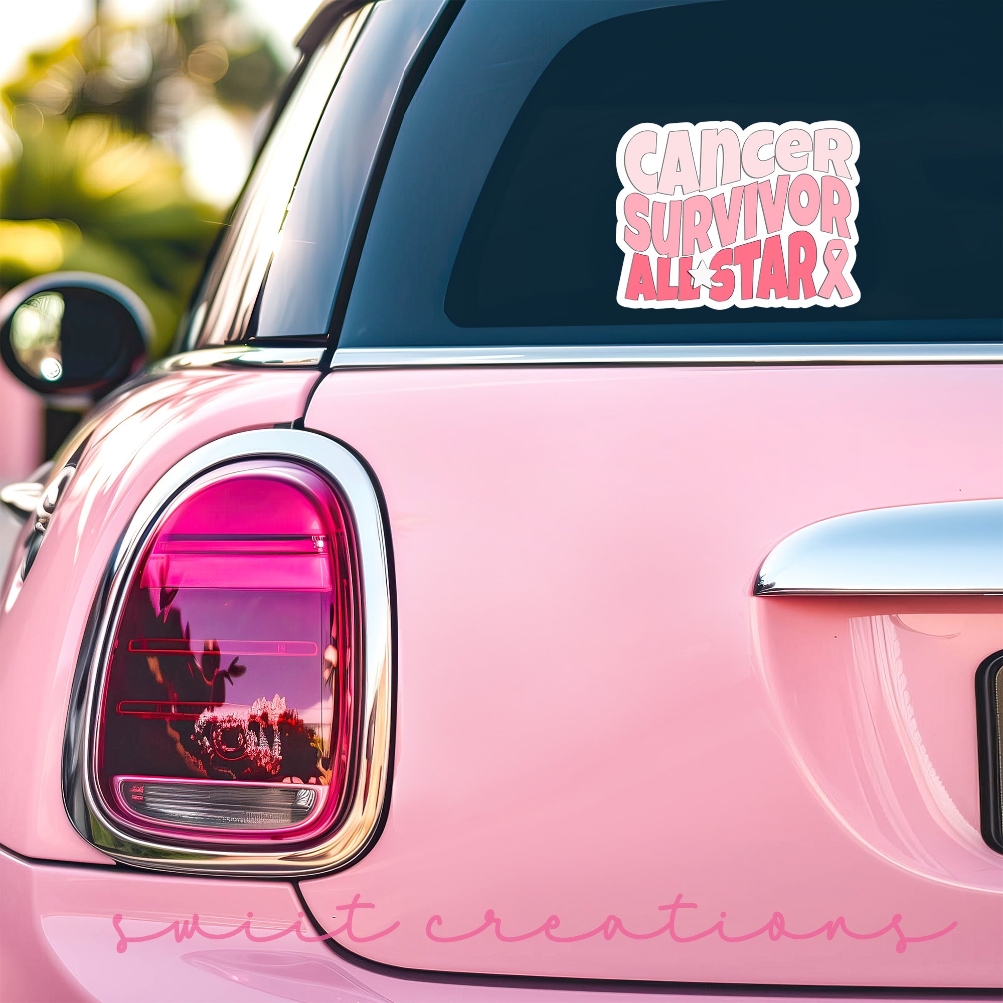 a pink car with a sticker that says cancer survivor all star