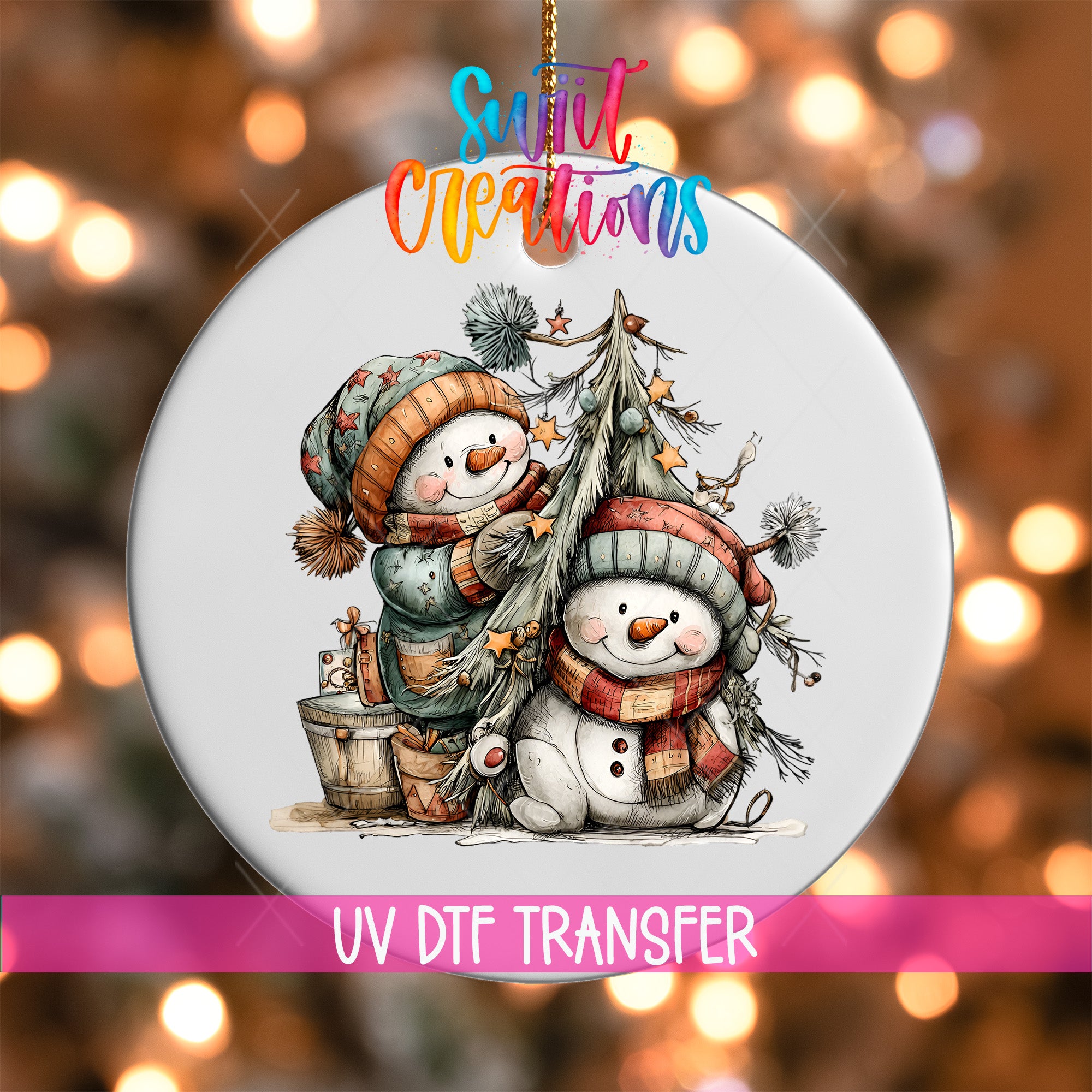 A snowman ornament with two snowmen decorating a Christmas tree, set against a background of colorful lights.