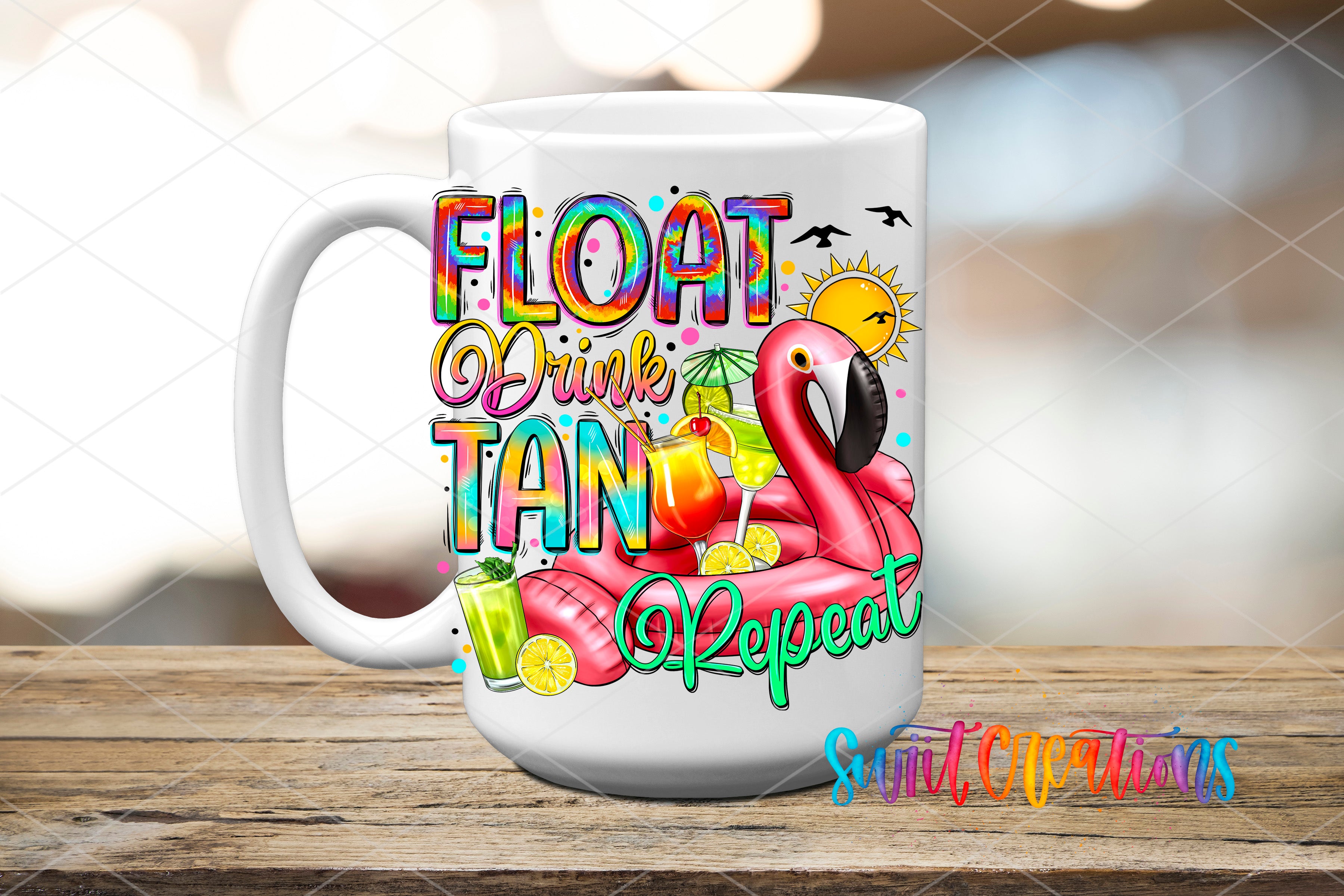 A white mug with a colorful design featuring a flamingo, a sun, and various tropical elements, along with the text "FLOAT DRINK TAN Repeat" and a water bottle.