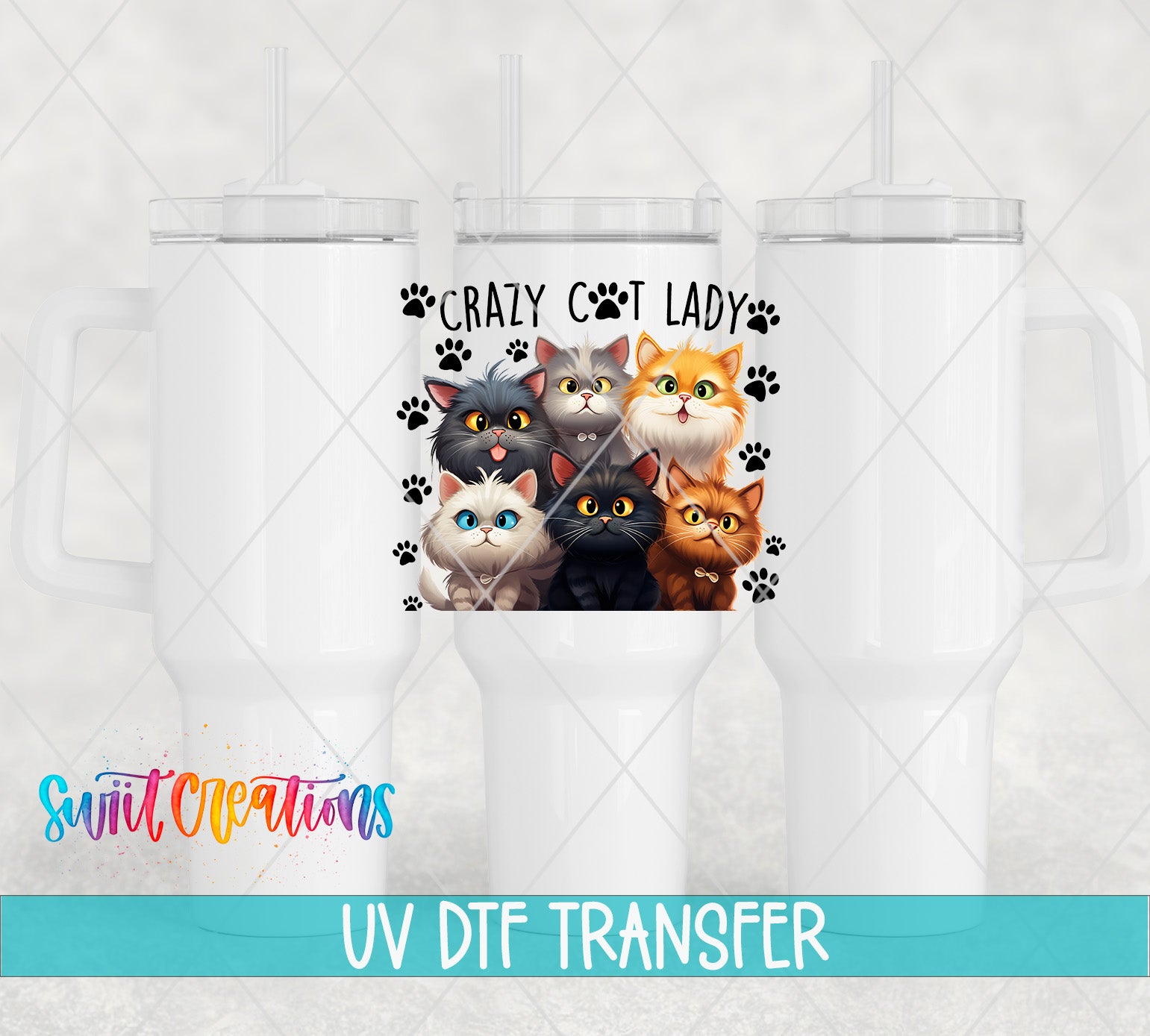 a white mug with a printed design of a group of cats and the text "Crazy Cat Lady" on it.