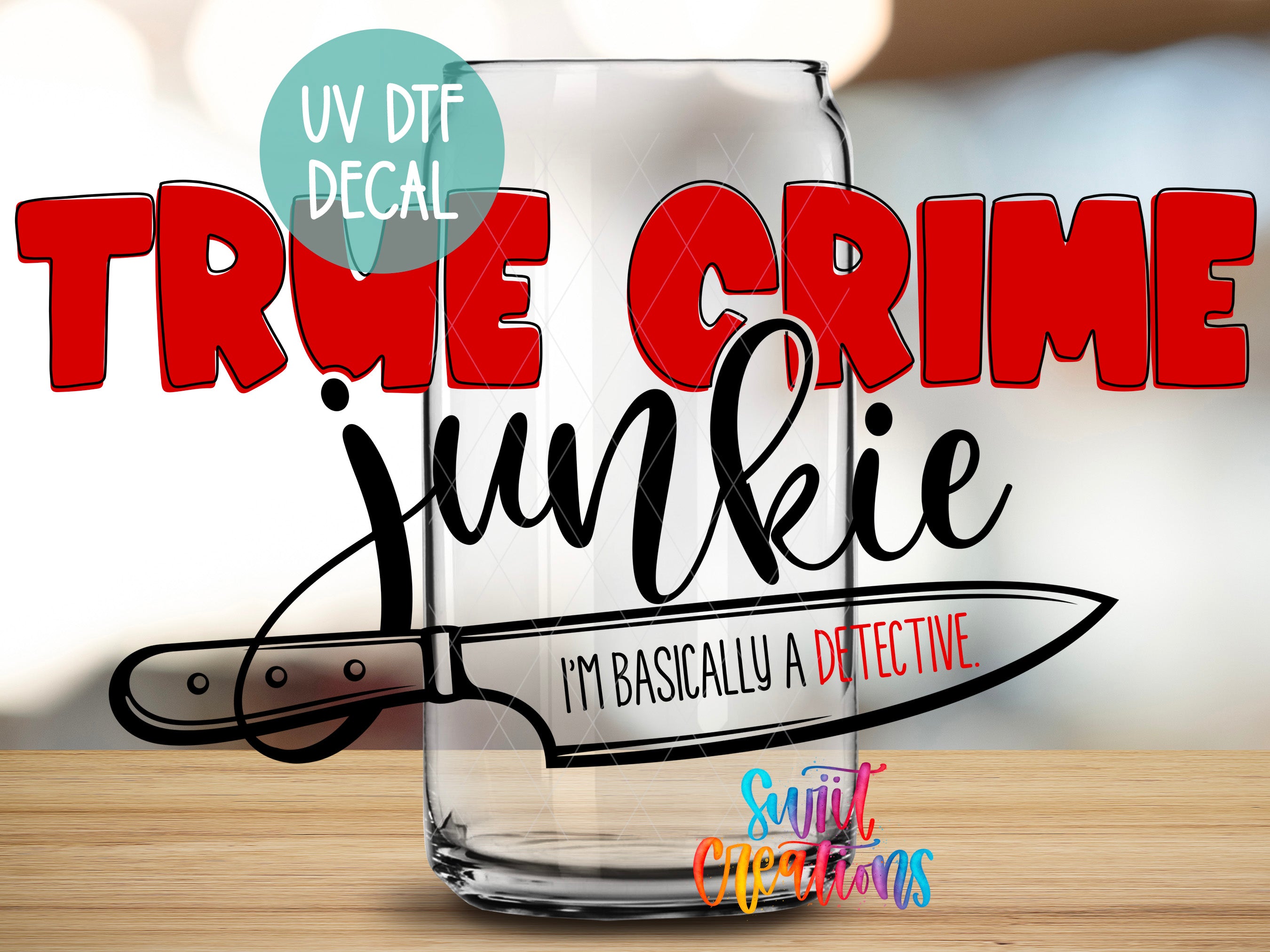 a picture of a glass with the words true crime junkie on it