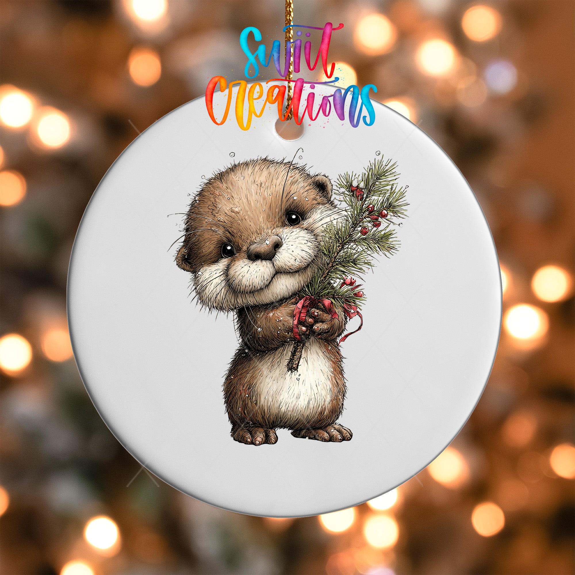 A ceramic ornament featuring a cute otter holding a pine branch with berries.