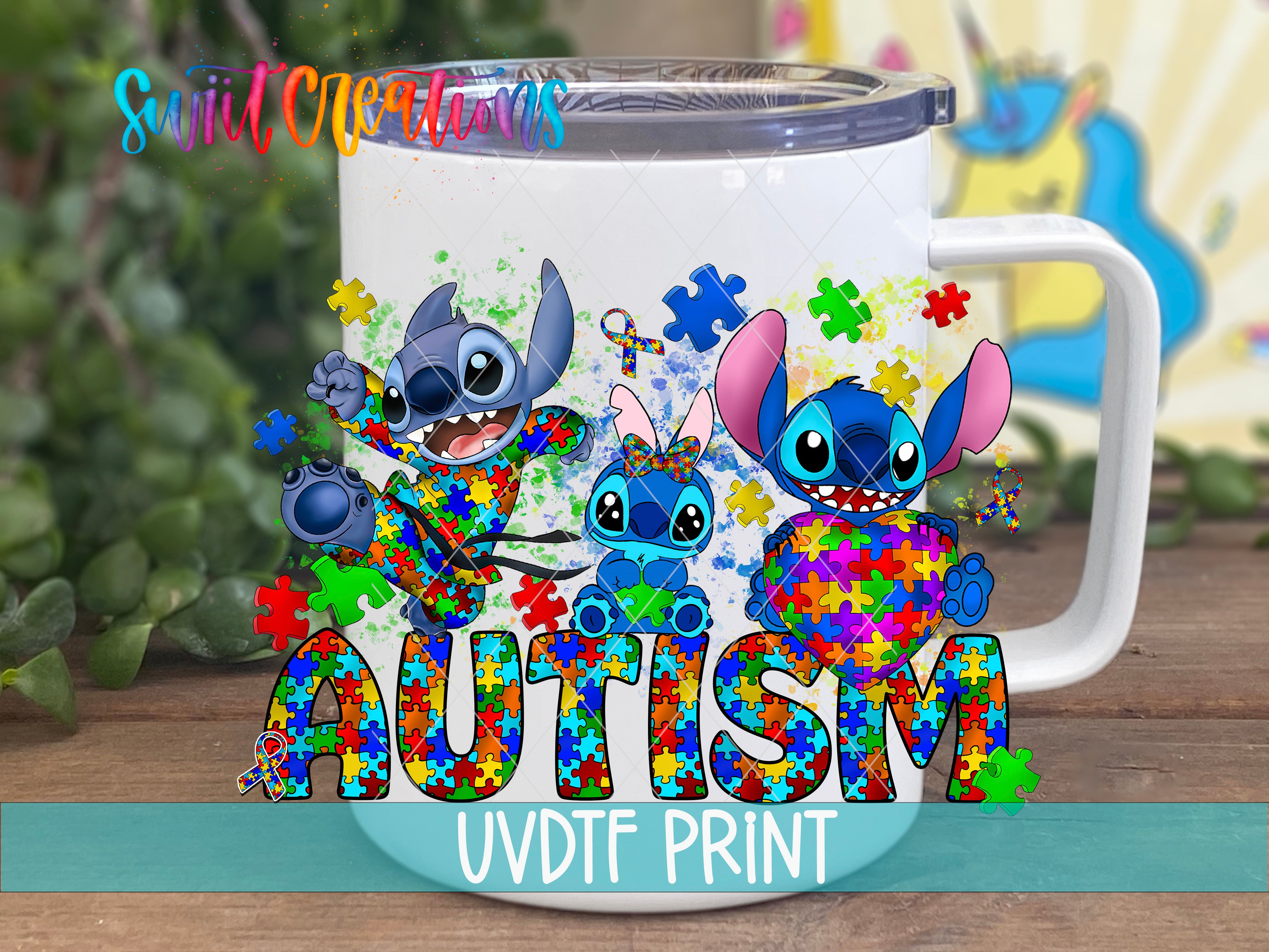A mug with a colorful design featuring characters from the movie Lilo & Stitch, along with the word "Autism" written on it.