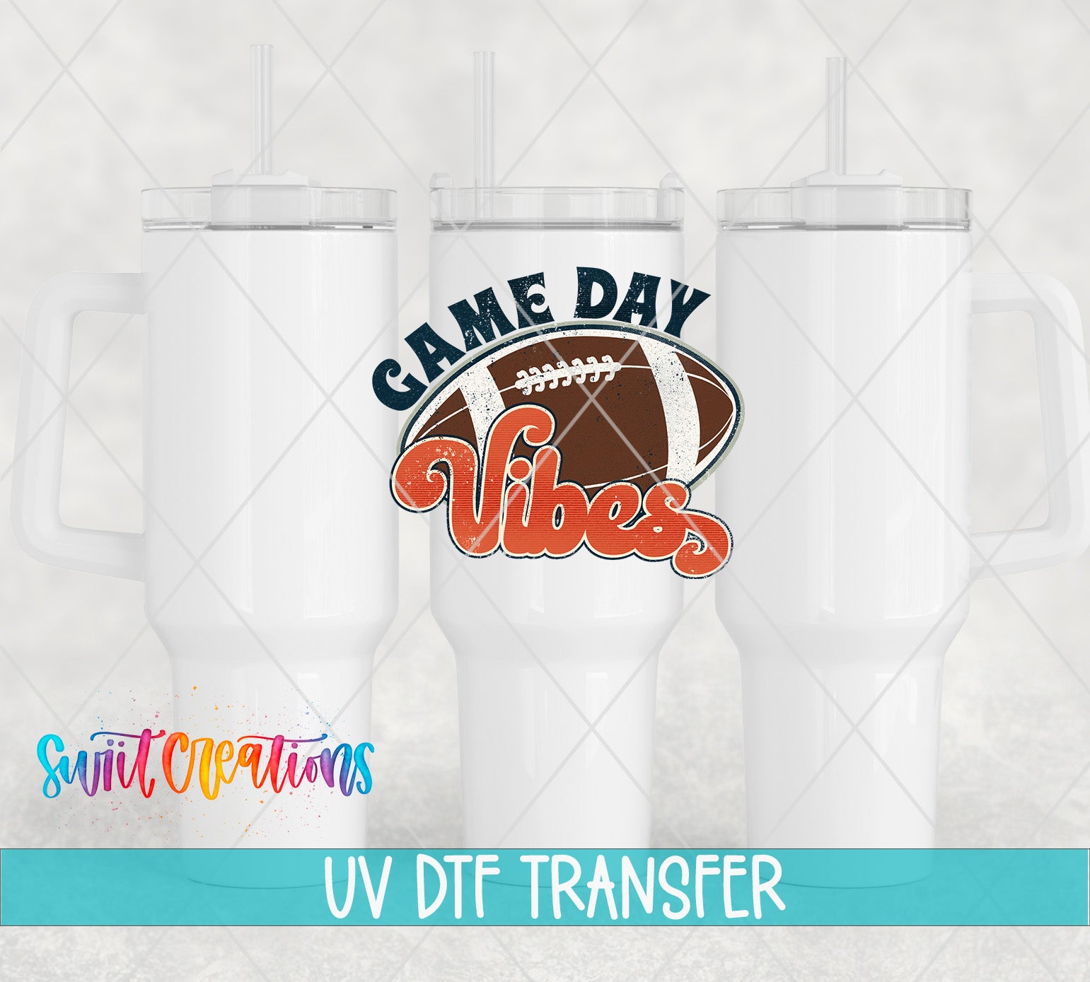 three white tumblers with a football graphic and the text "GAME DAY VIBES" printed on them.