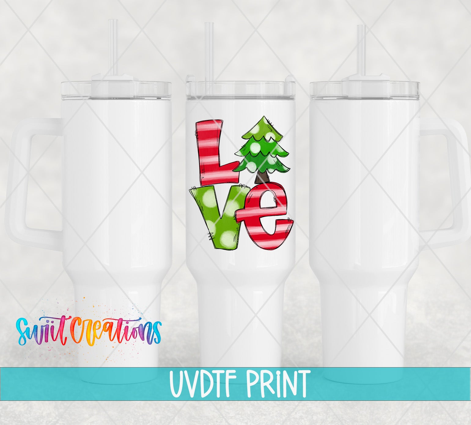 three white tumblers with a colorful Christmas tree design printed on them.