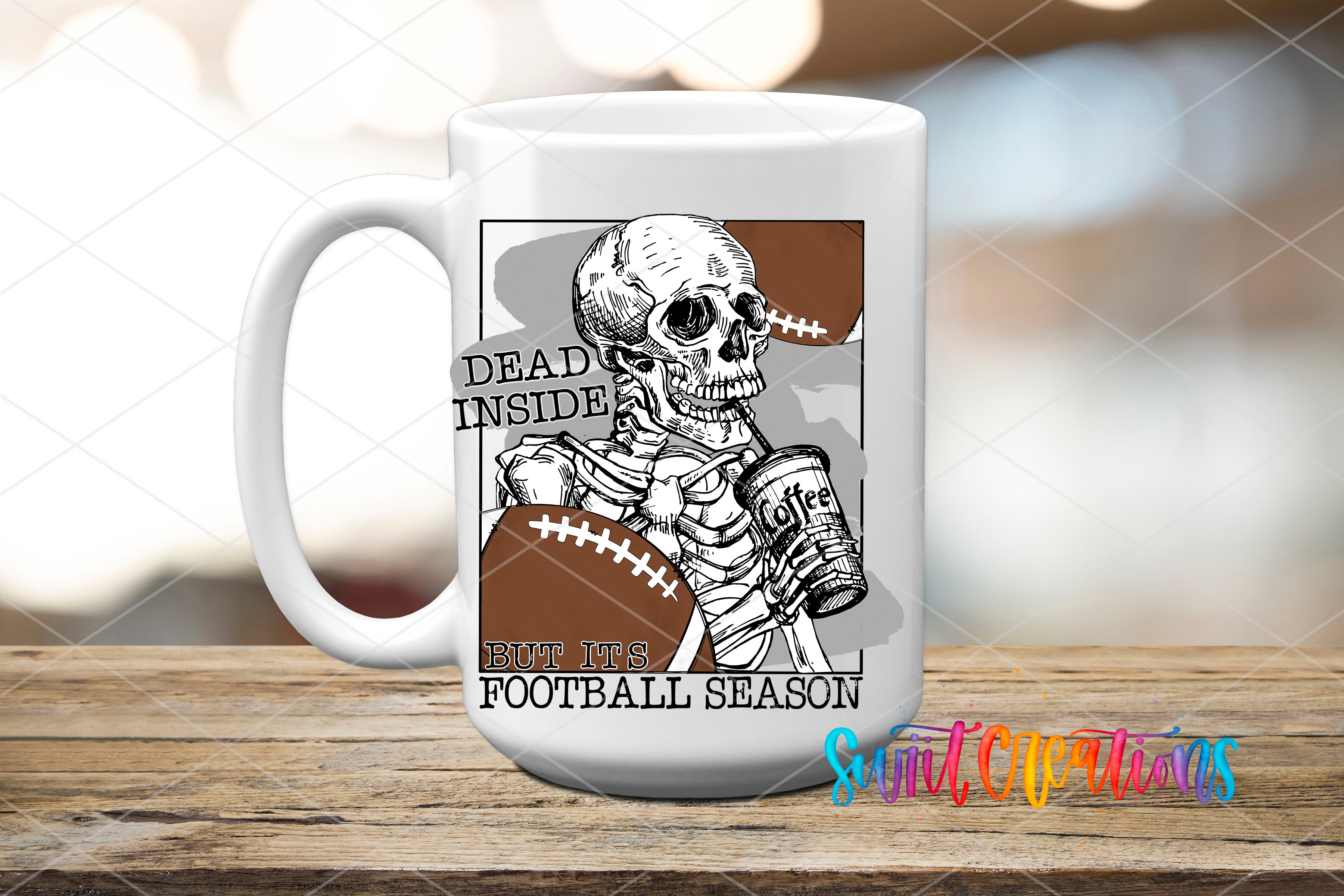 A white ceramic mug with a graphic design depicting a skeleton holding a football, accompanied by the text "Dead inside, but it's football season".