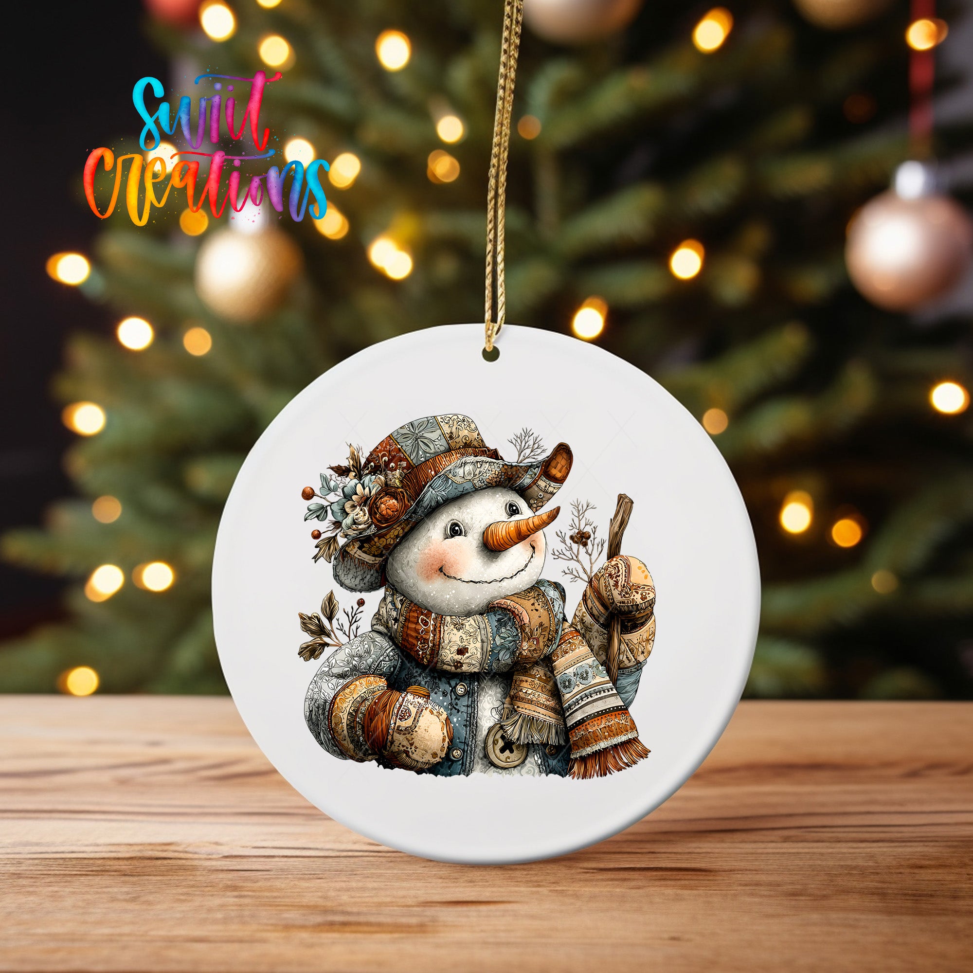 A white ceramic ornament featuring a snowman with a scarf and hat, sitting in front of a Christmas tree with twinkling lights.