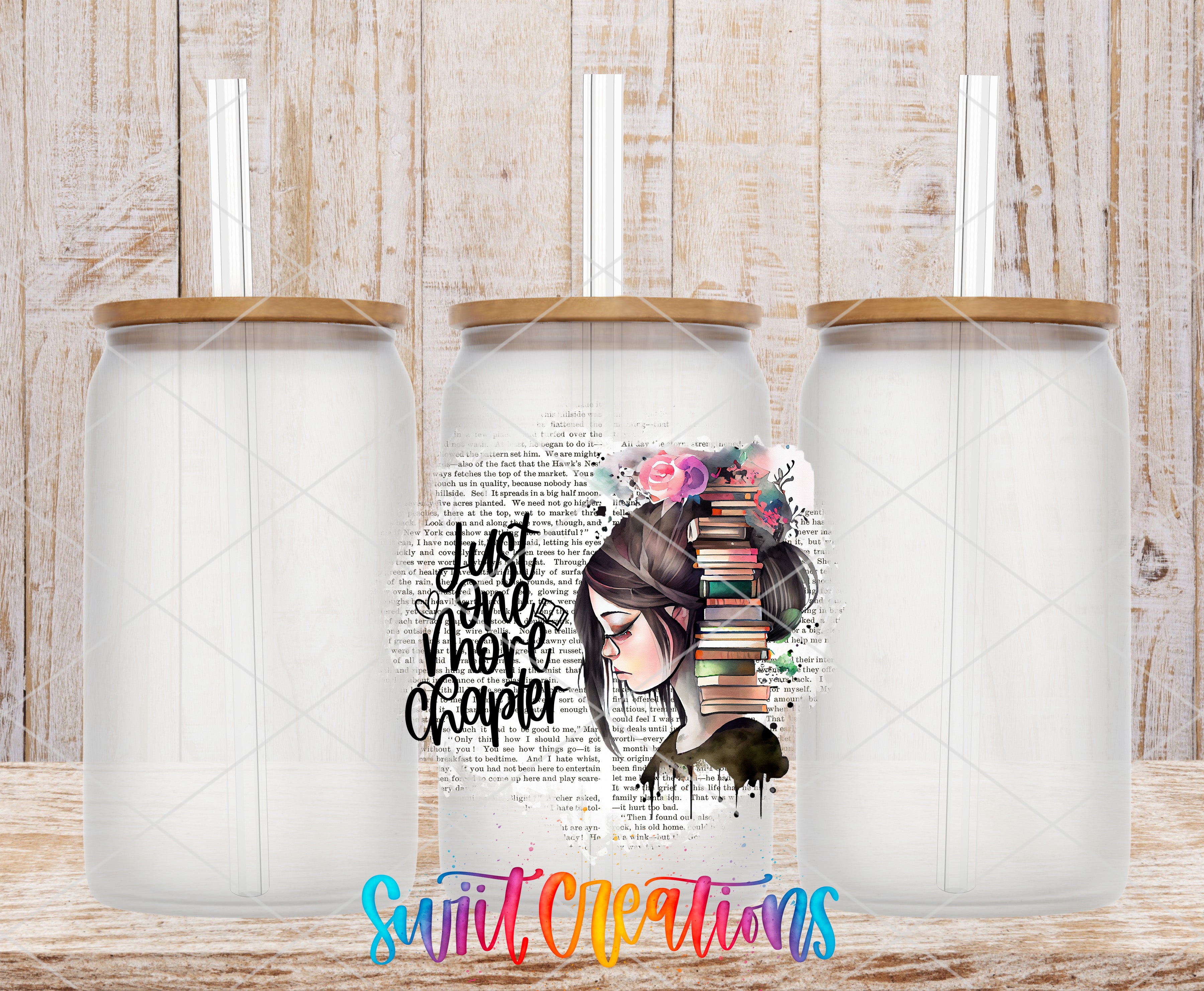 three glass jars with lids, each containing a straw. The jars are arranged in a row, and there is a colorful graphic design on the center jar that includes a woman's face and the text "Just one more chapter".