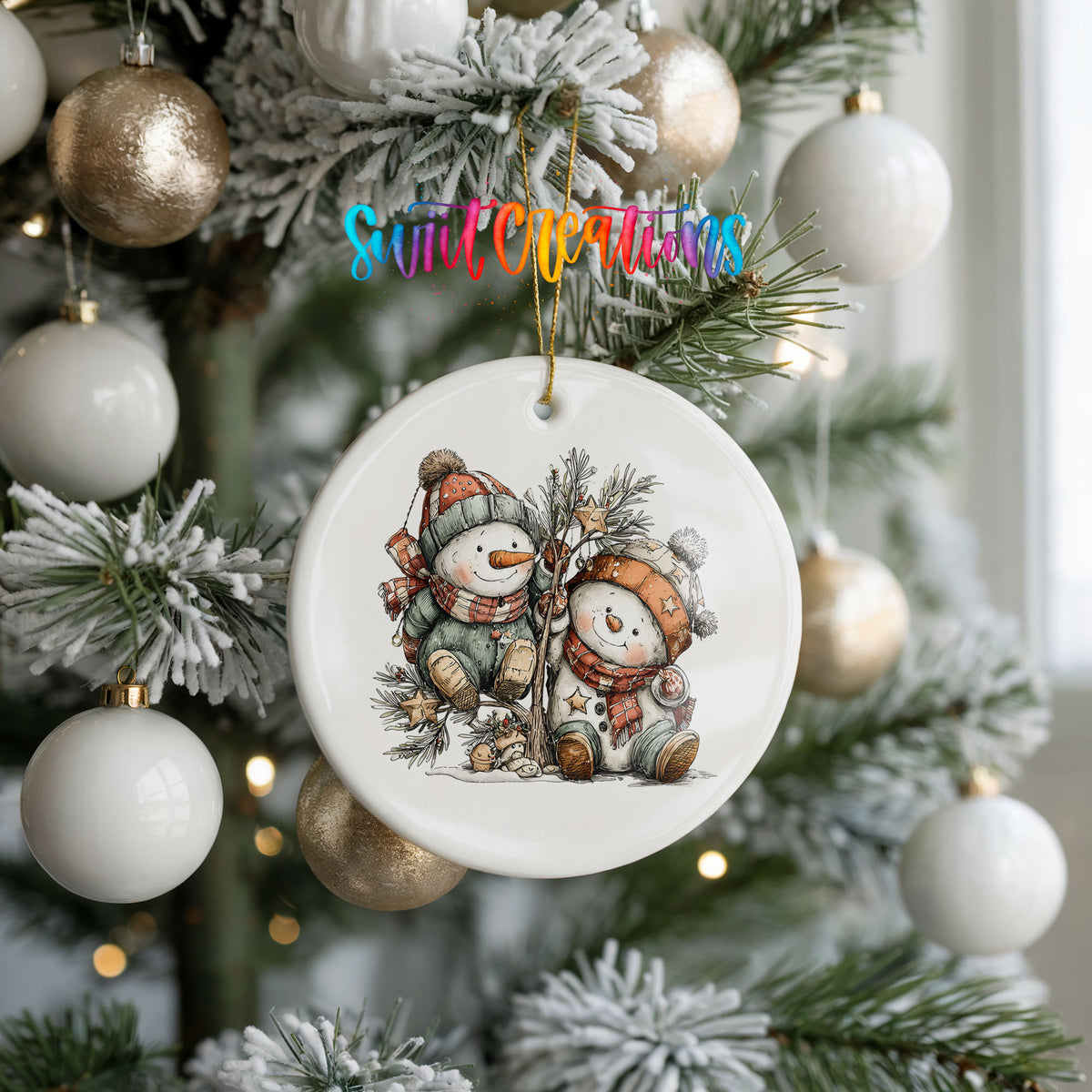 A white ceramic ornament with a snowman and a bird is hanging on a Christmas tree, surrounded by white and gold ornaments.