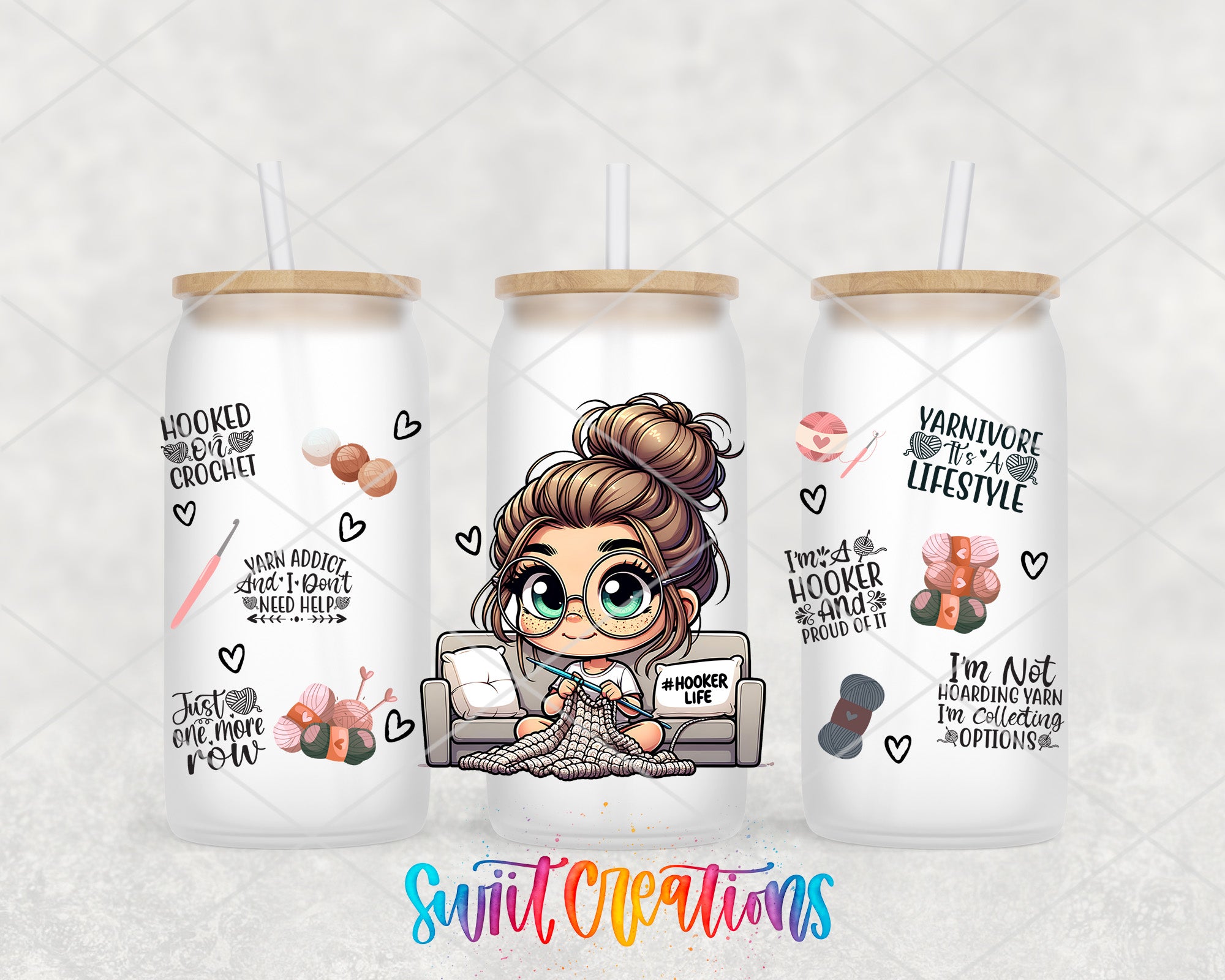 three white tumblers with illustrations of a woman knitting and various text elements related to knitting and crochet.