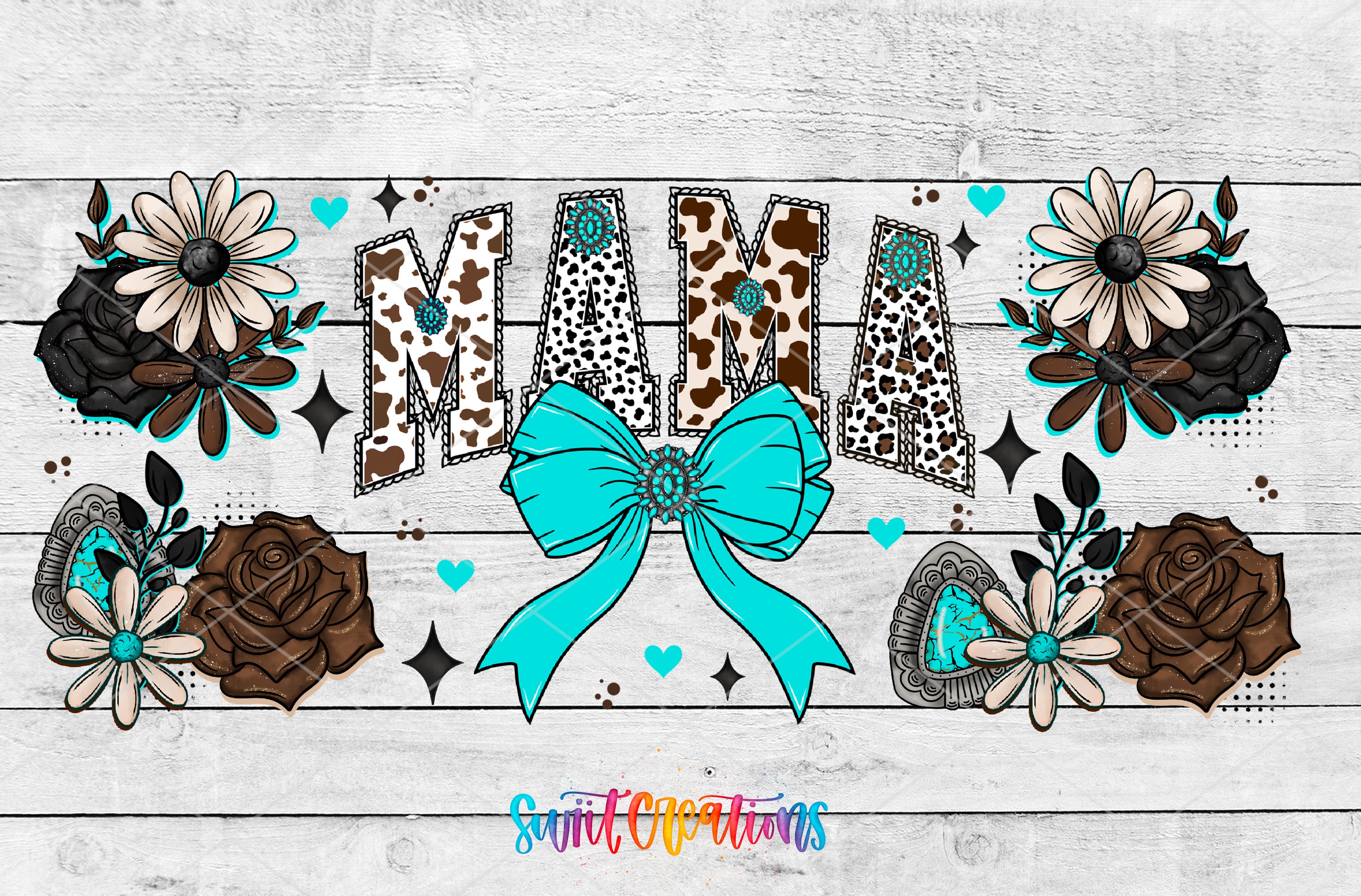 The image is a colorful and artistic depiction of the word "Mama" surrounded by various floral and geometric elements, including flowers, leaves, hearts, and a bow.