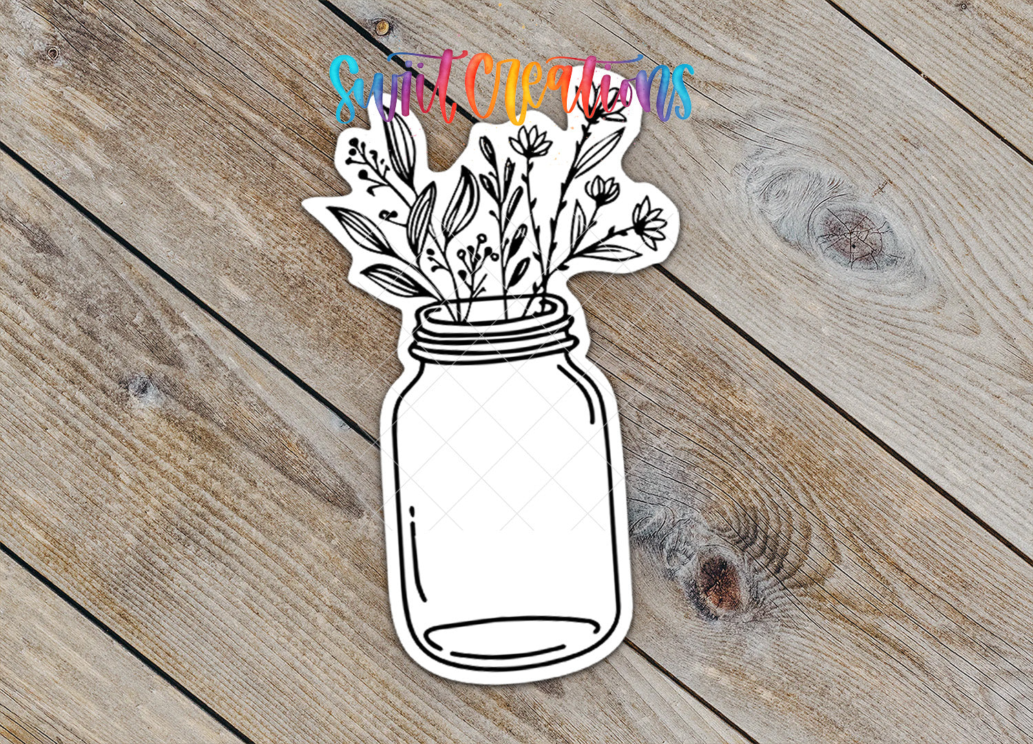 A hand-drawn illustration of a mason jar filled with flowers and leaves, placed on a wooden surface.