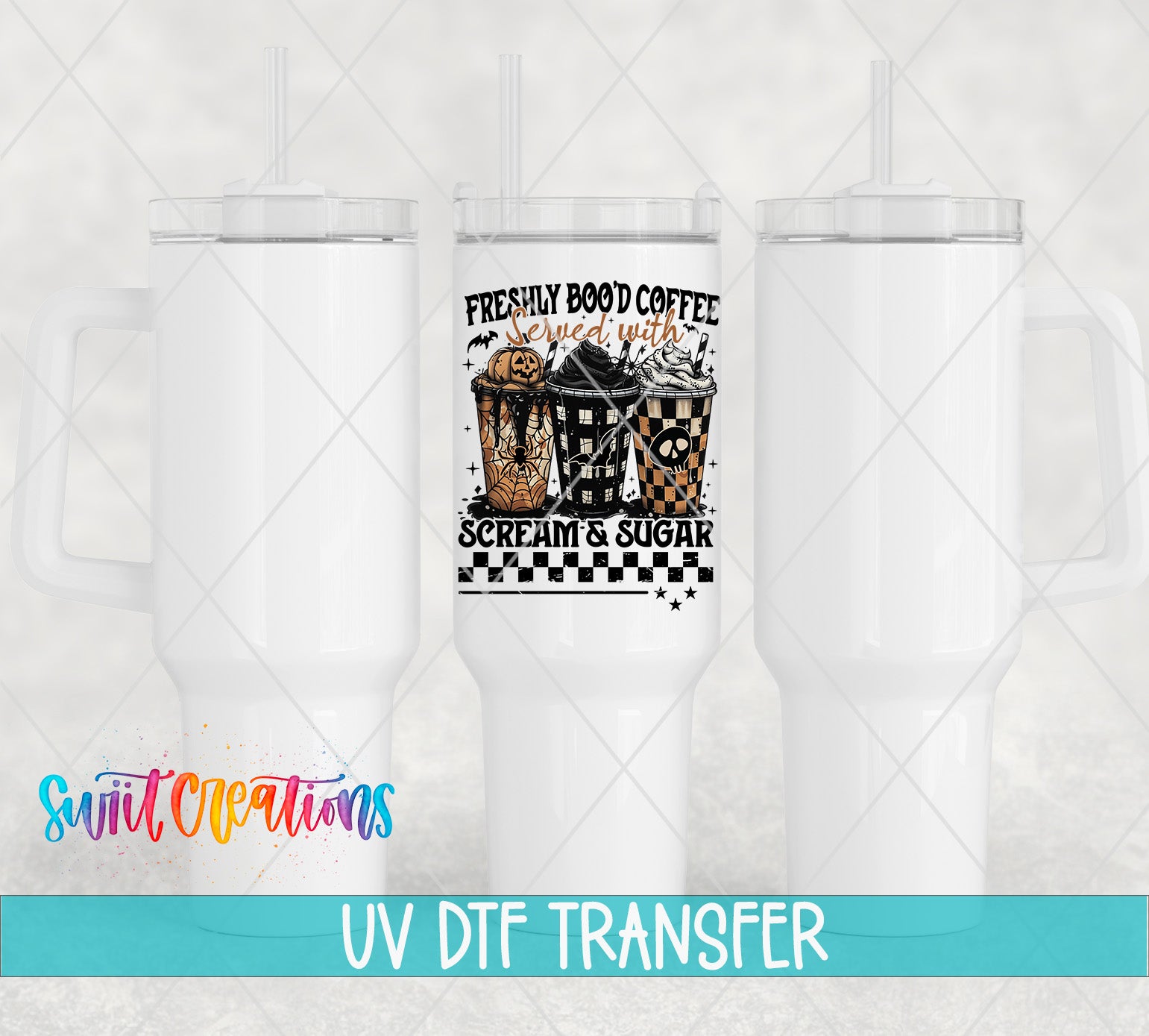a white ceramic mug with a black and white design, including a coffee cup and a sugar bowl, along with the text "FRESHLY GOOD COFFEE SUGAR SCREAMM SUGAR" and the UV DFT Transfer logo.
