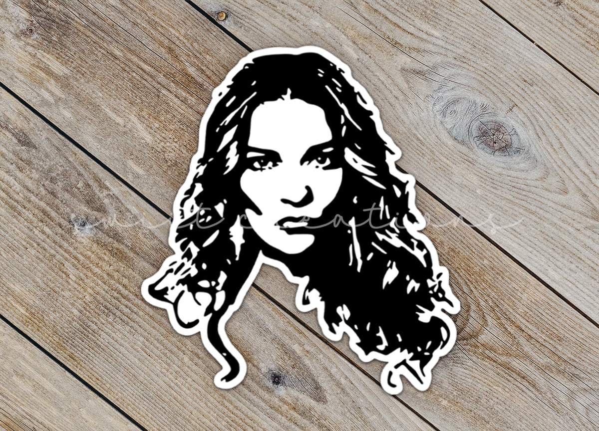 a sticker of a woman with long hair