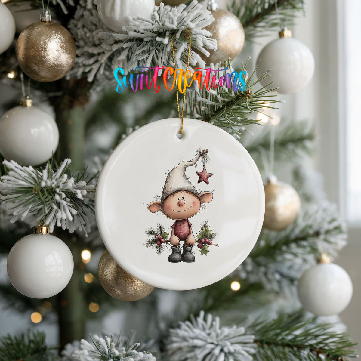 A white ceramic ornament with a cartoon image of a smiling elf is hanging on a Christmas tree, surrounded by white and gold ornaments.