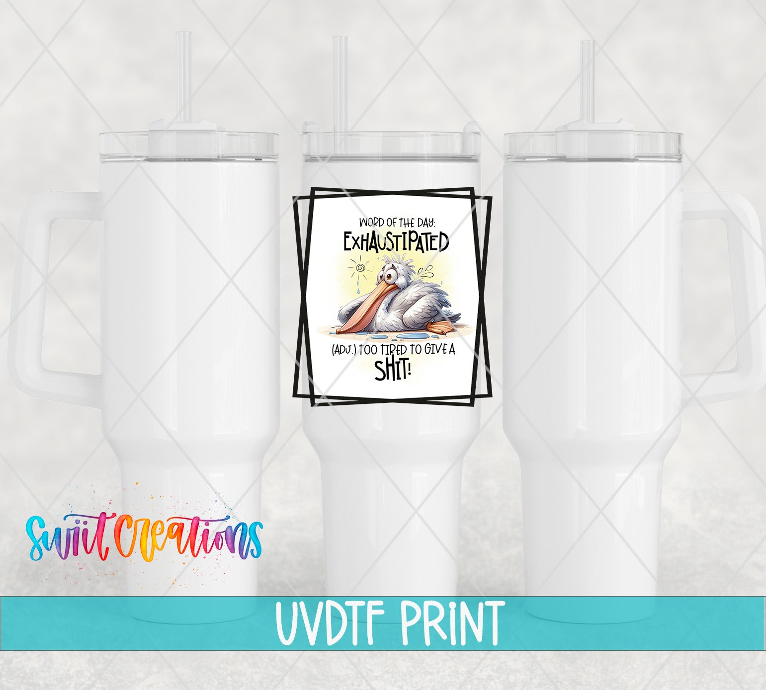 The image is a collage of three white tumblers with a humorous text overlay.