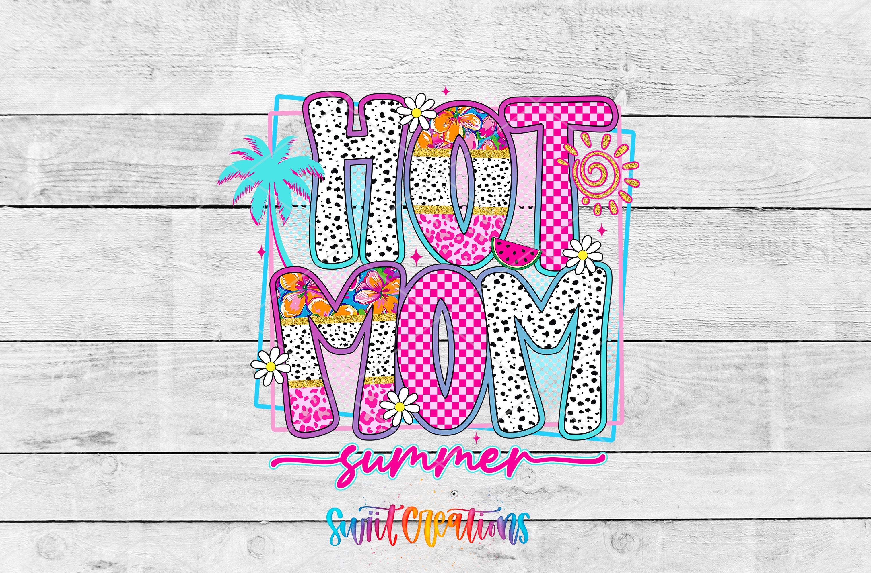 a colorful and playful design with the text "HOT MOM summer" prominently displayed.