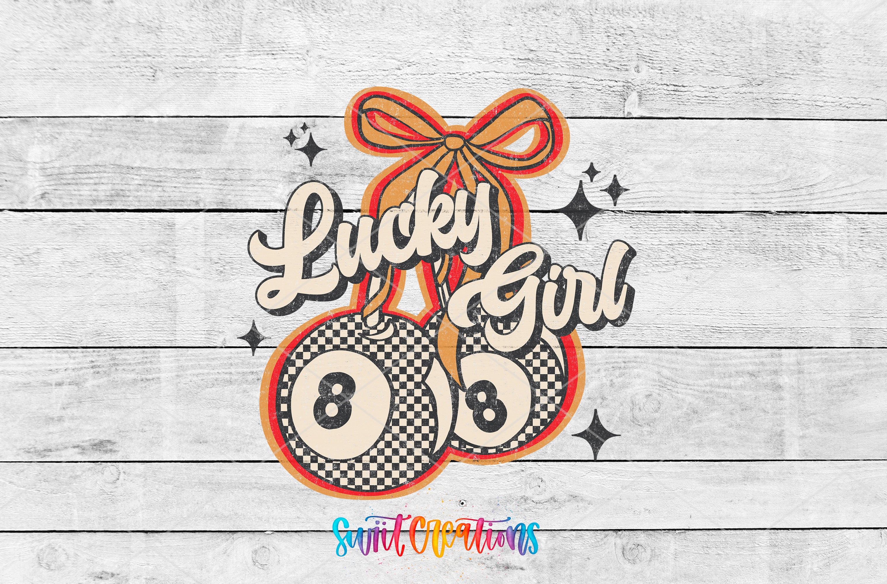 a colorful and whimsical design with the text "Lucky Girl" and two pool balls with the number 8 on them, set against a wooden background with stars.