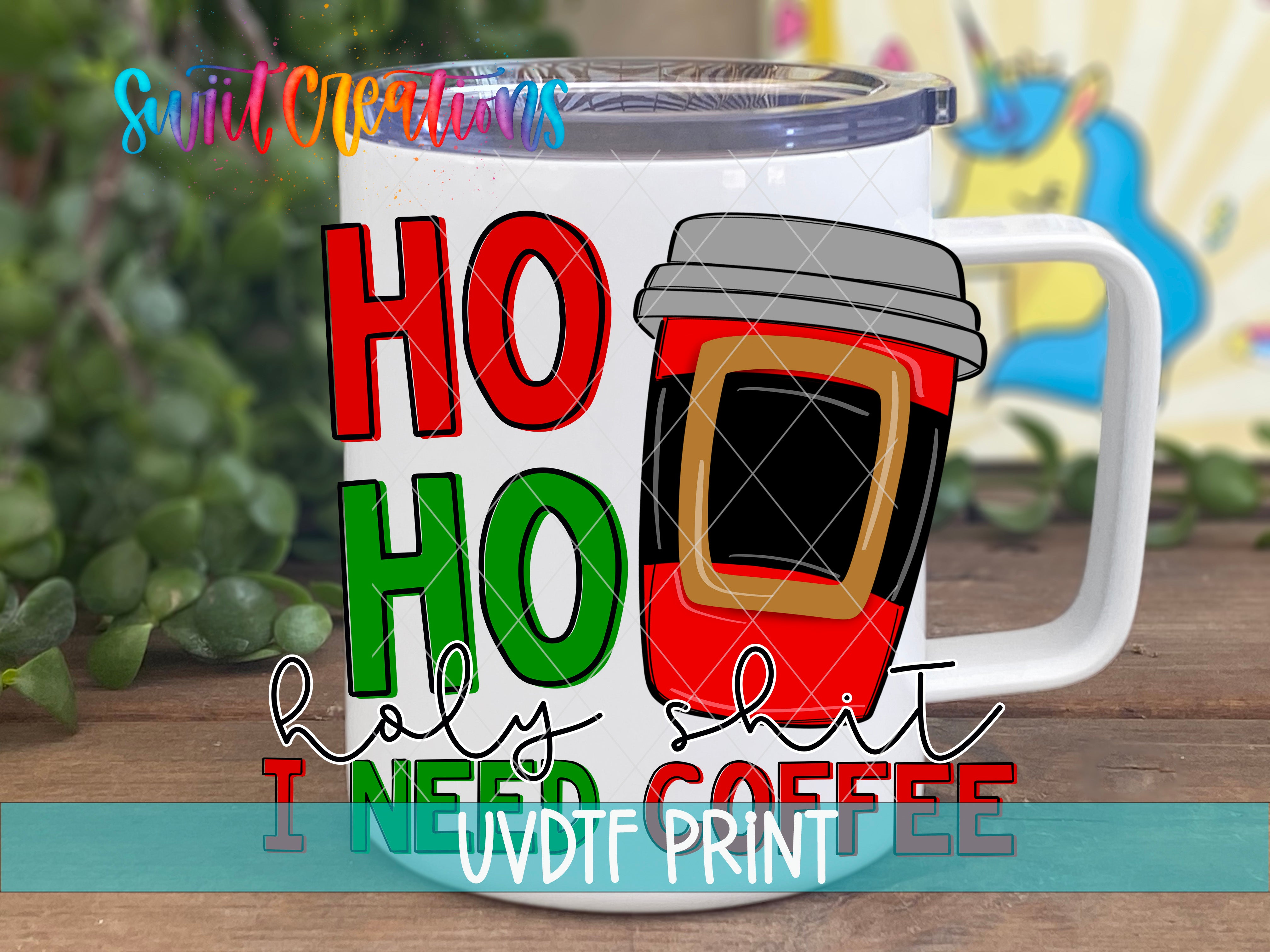 A white mug with a red coffee cup design and text printed on it, placed on a wooden surface.