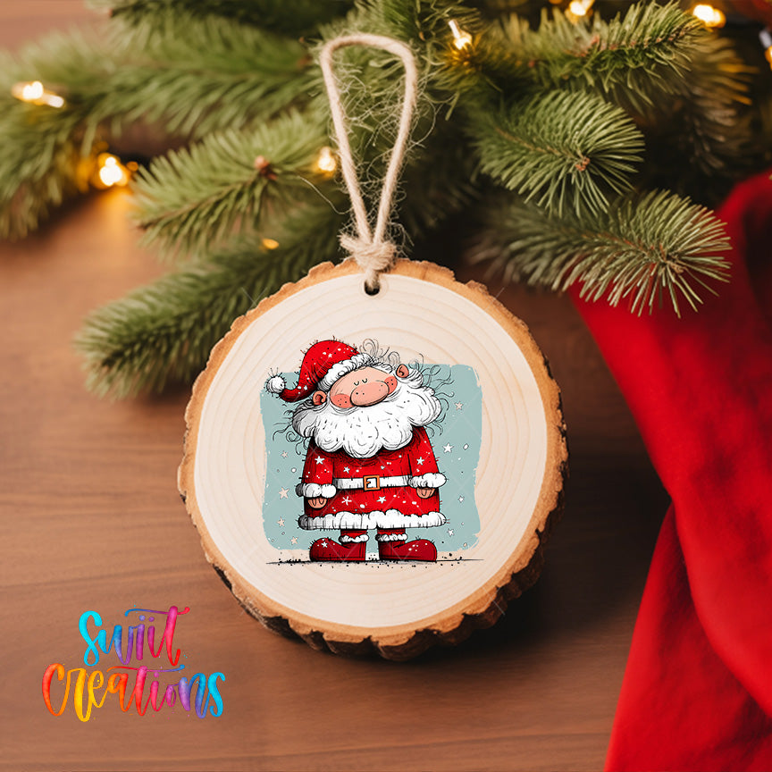 A wooden ornament featuring a cartoon Santa Claus figure is hanging on a Christmas tree, with a red cloth visible in the background.