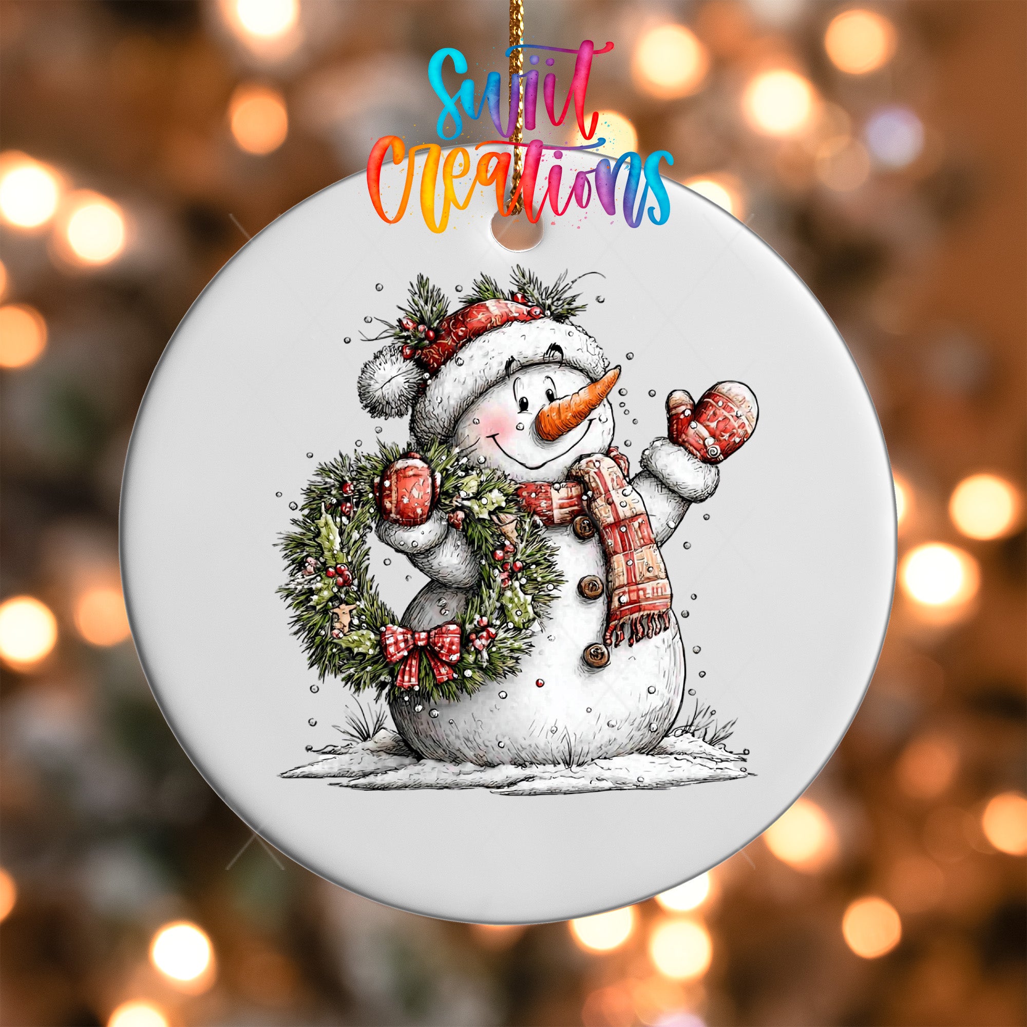 A snowman ornament with a wreath and scarf, set against a blurred background of twinkling lights.