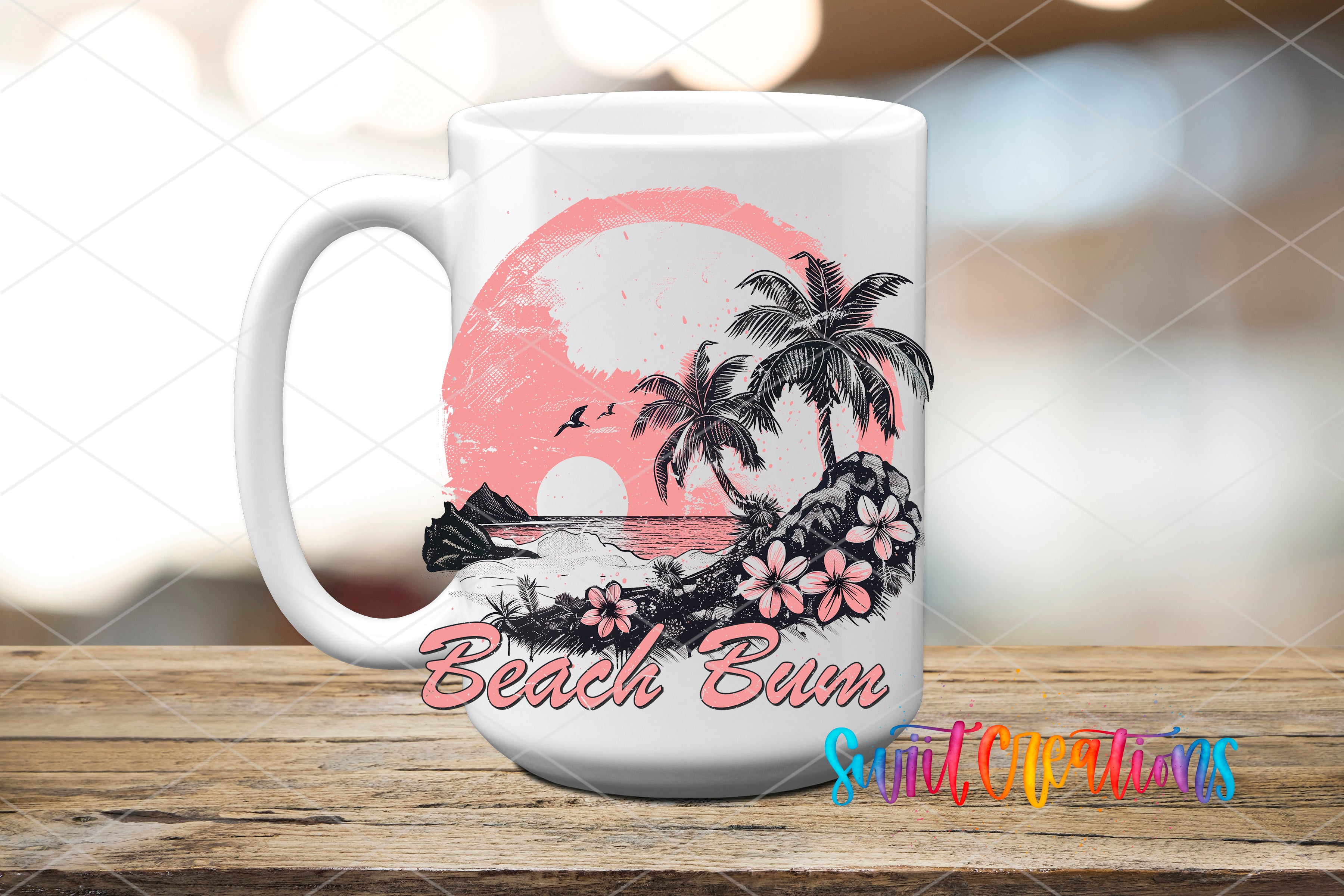 A white mug with a graphic design depicting a beach scene with palm trees, flowers, and a sunset.