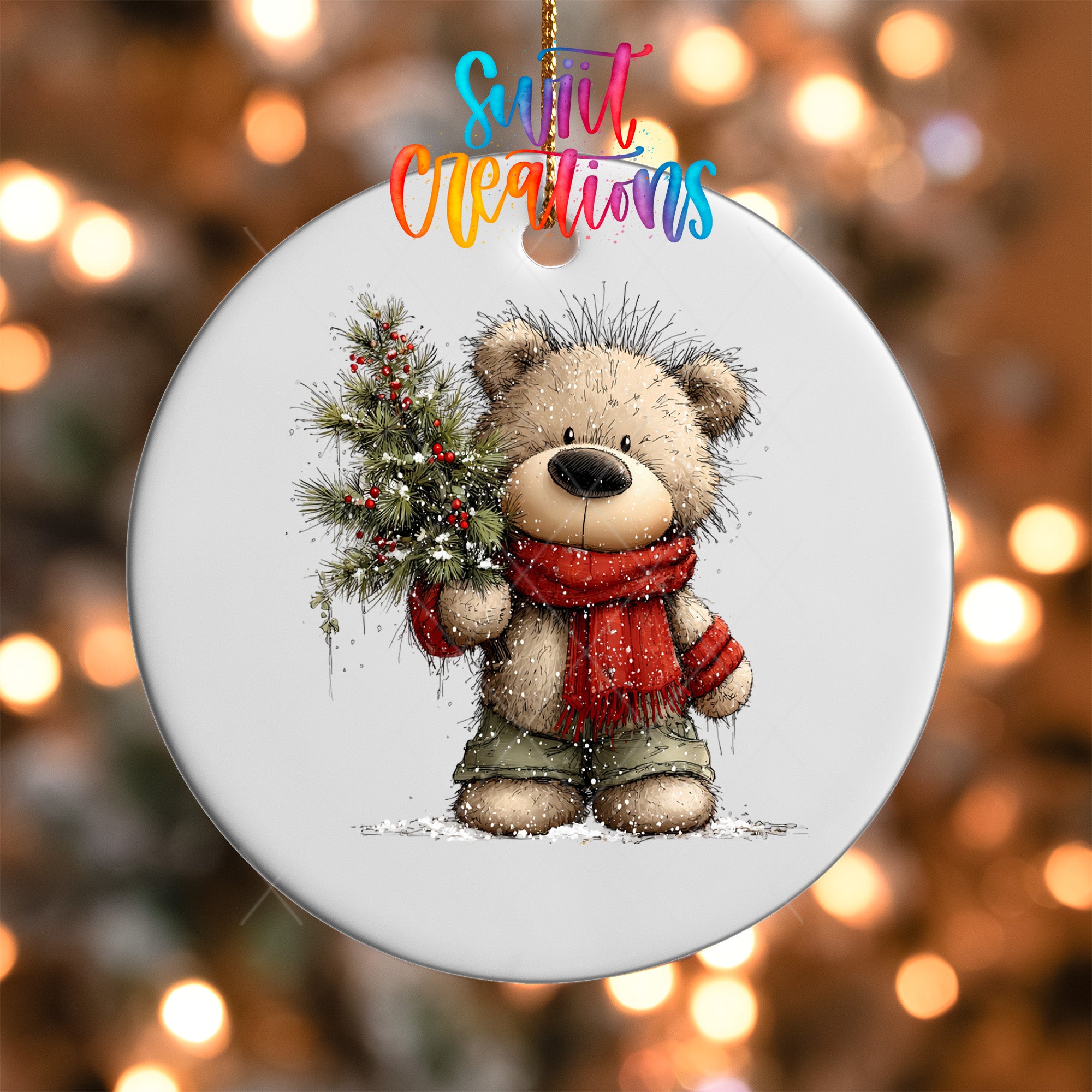 A white ornament with a teddy bear holding a Christmas tree.