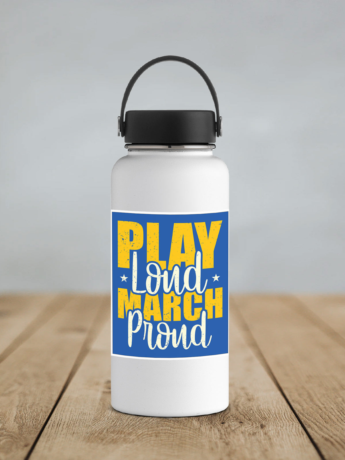 a white water bottle sitting on top of a wooden table