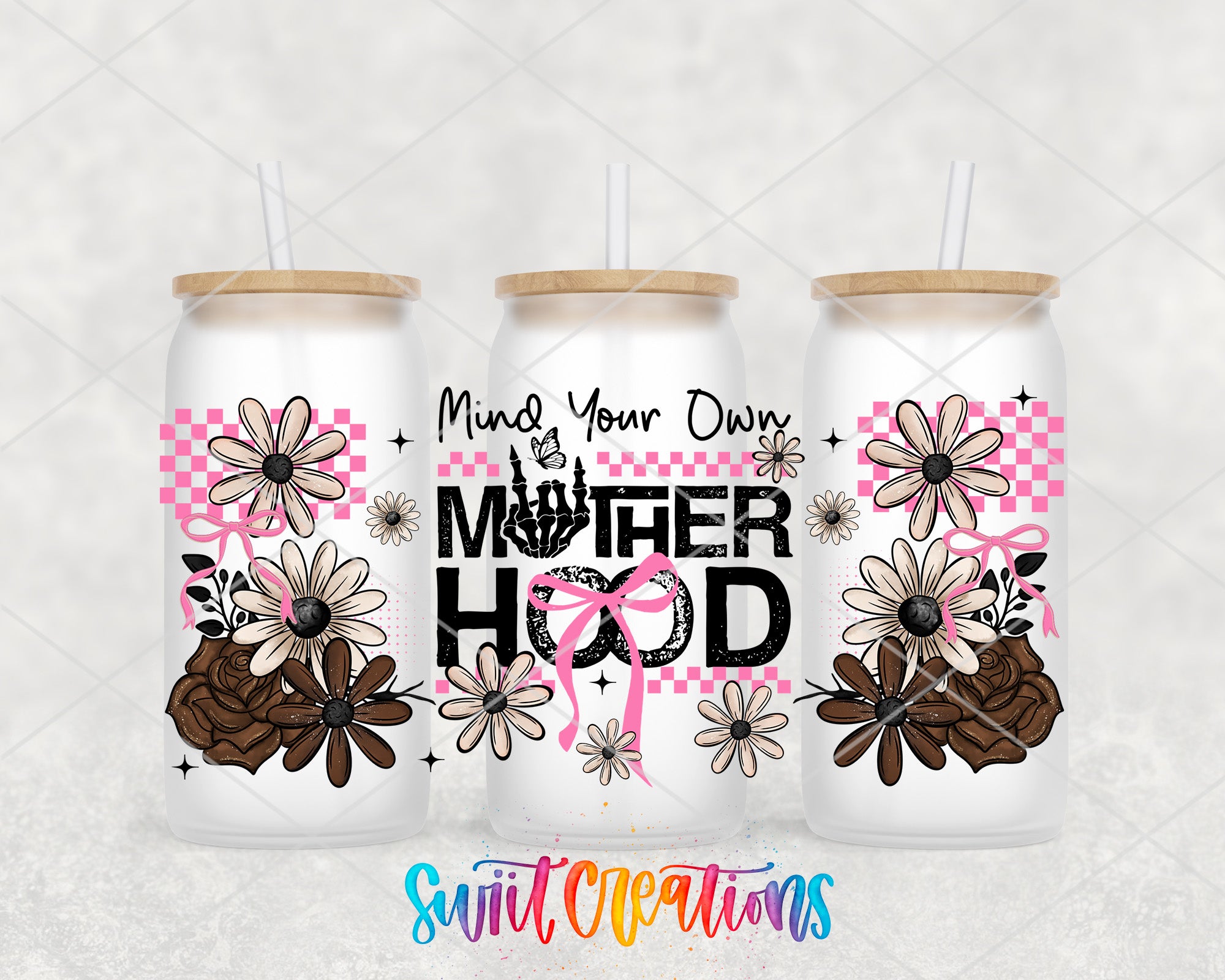 three white tumblers with floral designs and text printed on them.