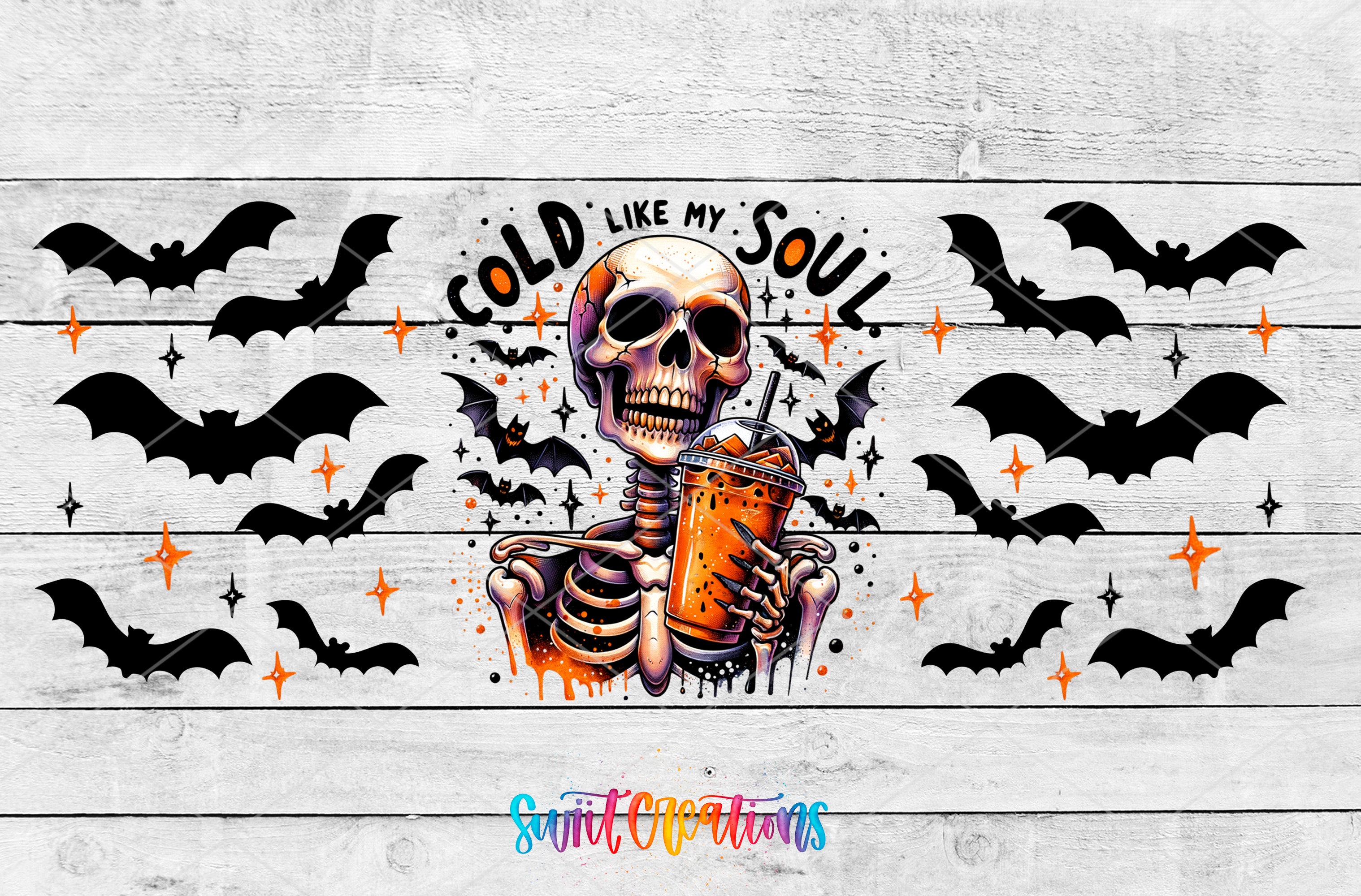 A skeleton holding a drink surrounded by bats and stars, with the text "COLD LIKE MY SOUL" above the skull.