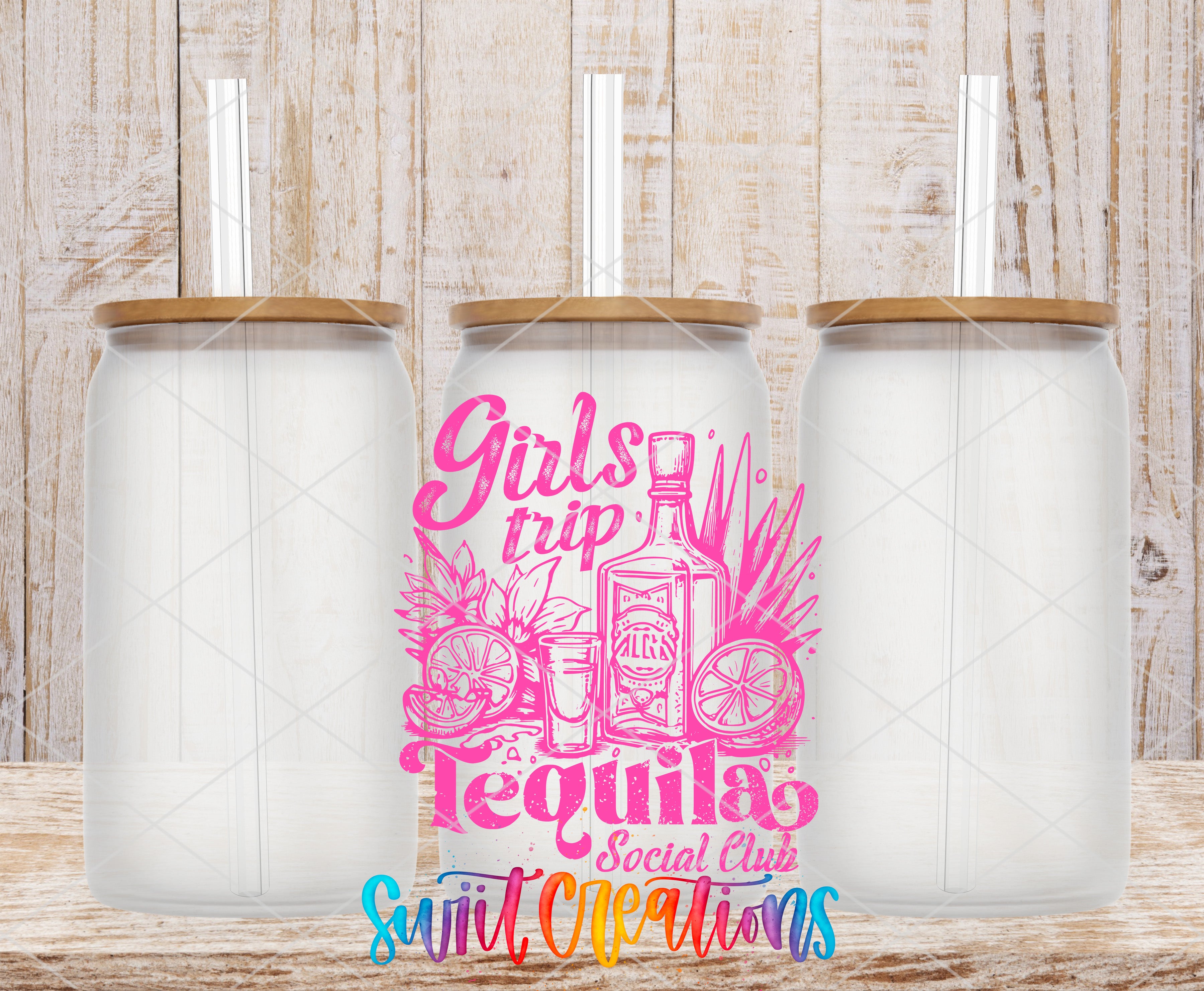 three clear glass jars with lids, arranged in a row against a wooden background. The jars have a pink and white design, and there is text in the center of the image that reads "Girls trip Tequila Social Club".