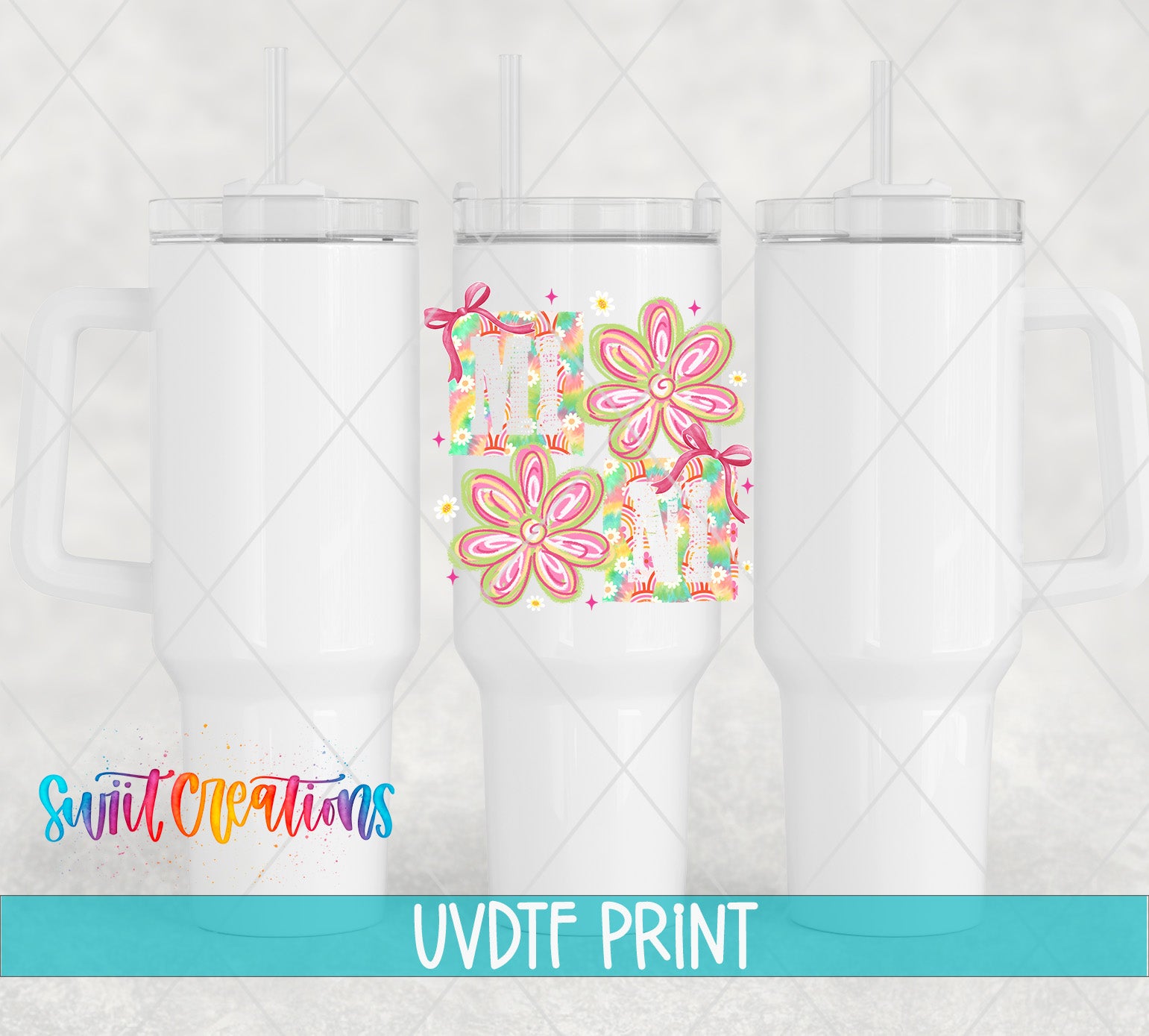 three white tumblers with colorful floral designs on them, along with the text "Swit Creations UVDF PRINT" and "Swit Creations" written in the bottom left corner.