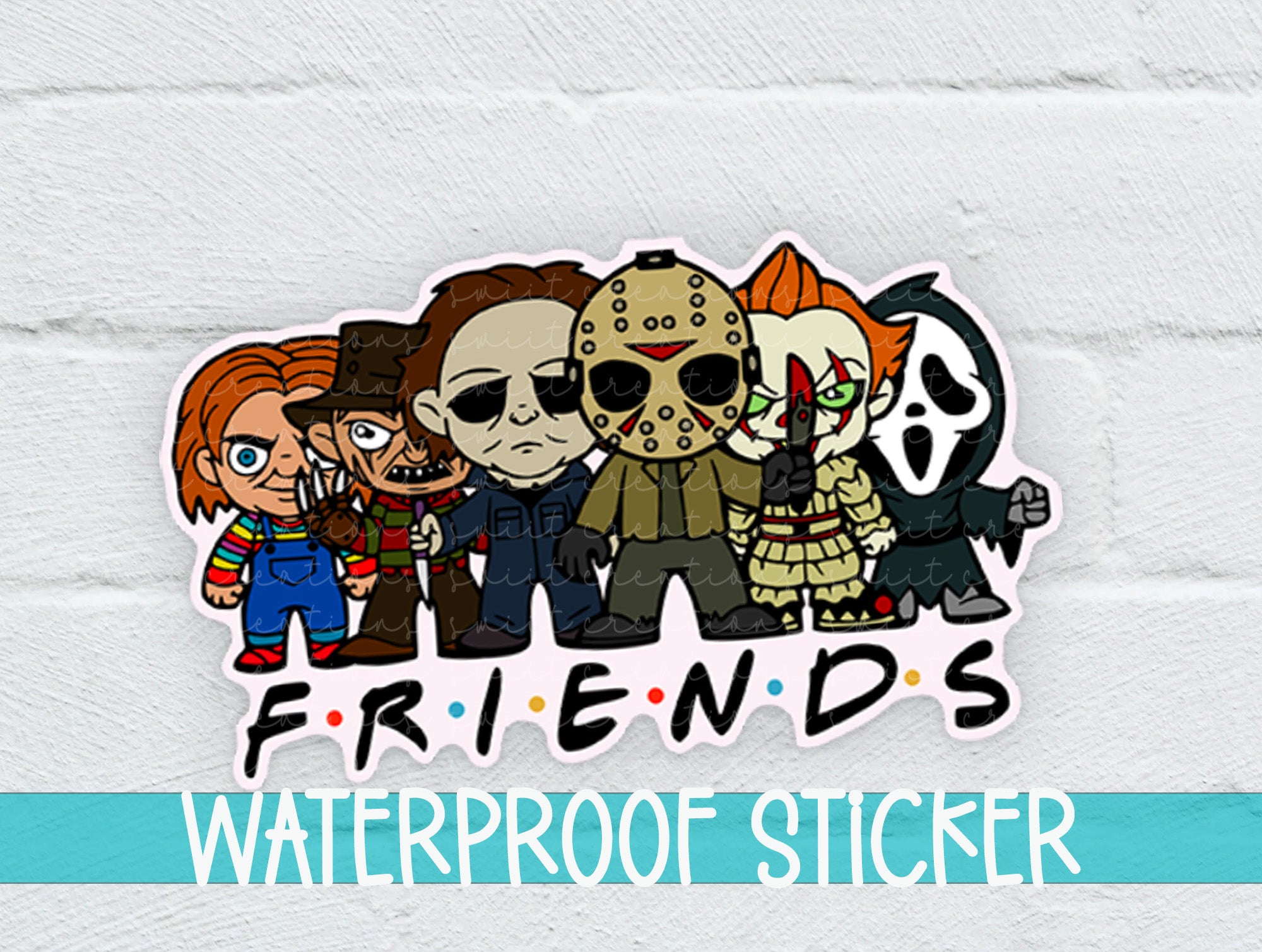 a sticker with a group of cartoon characters on it