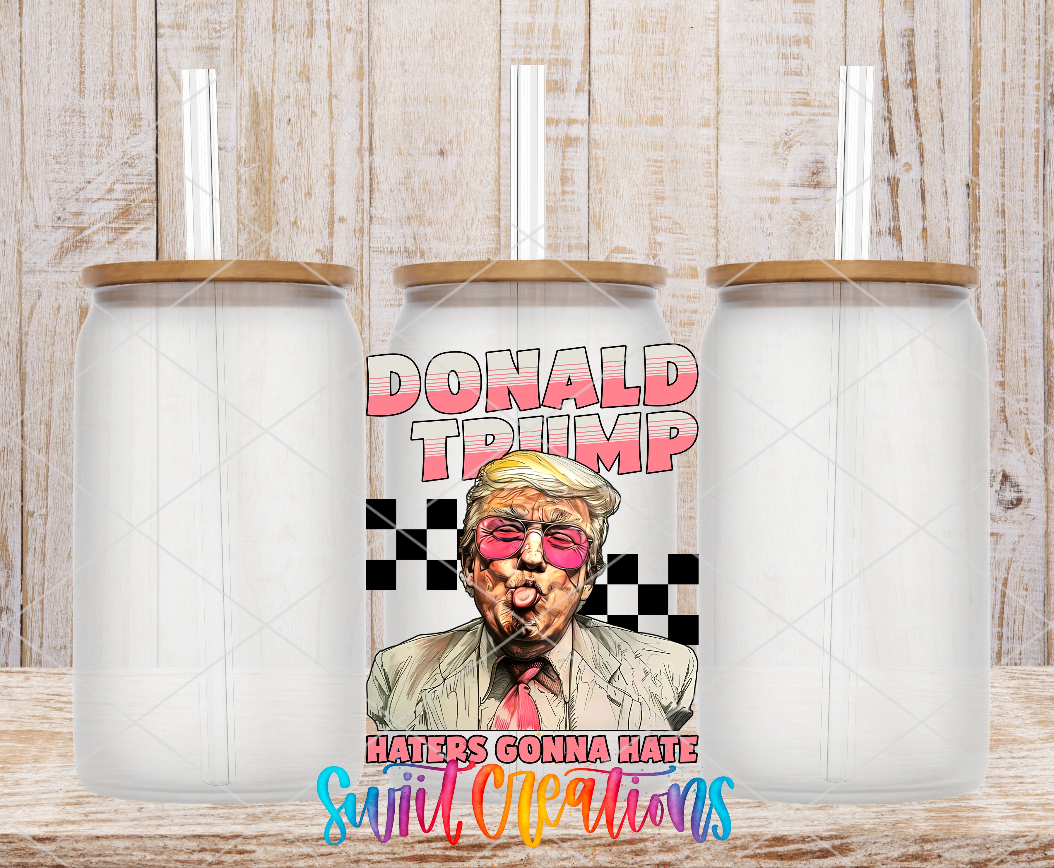 a can with a stylized depiction of Donald Trump and the text "DONALD TRUMP HATERS GONNA HATE SUITCLEARIONS" in a colorful, artistic style.